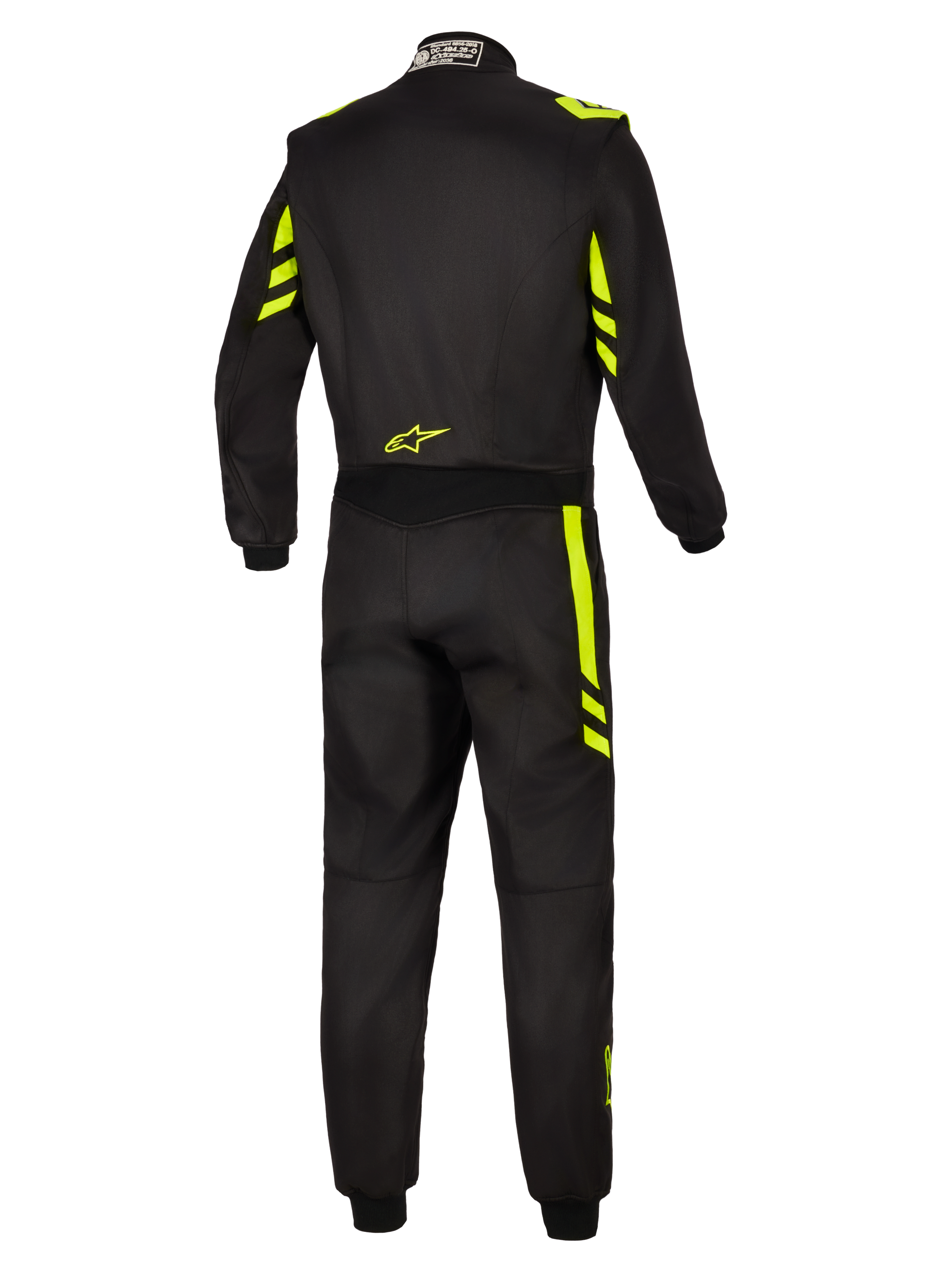 Alpinestars GP Race V3 Suit FIA, mono de automovilismo, negro y amarillo flúor, vista trasera que muestra detalles en amarillo fluorescente en los hombros y las piernas, pequeño logotipo amarillo en la parte baja de la espalda y etiqueta de certificación FIA en el cuello.