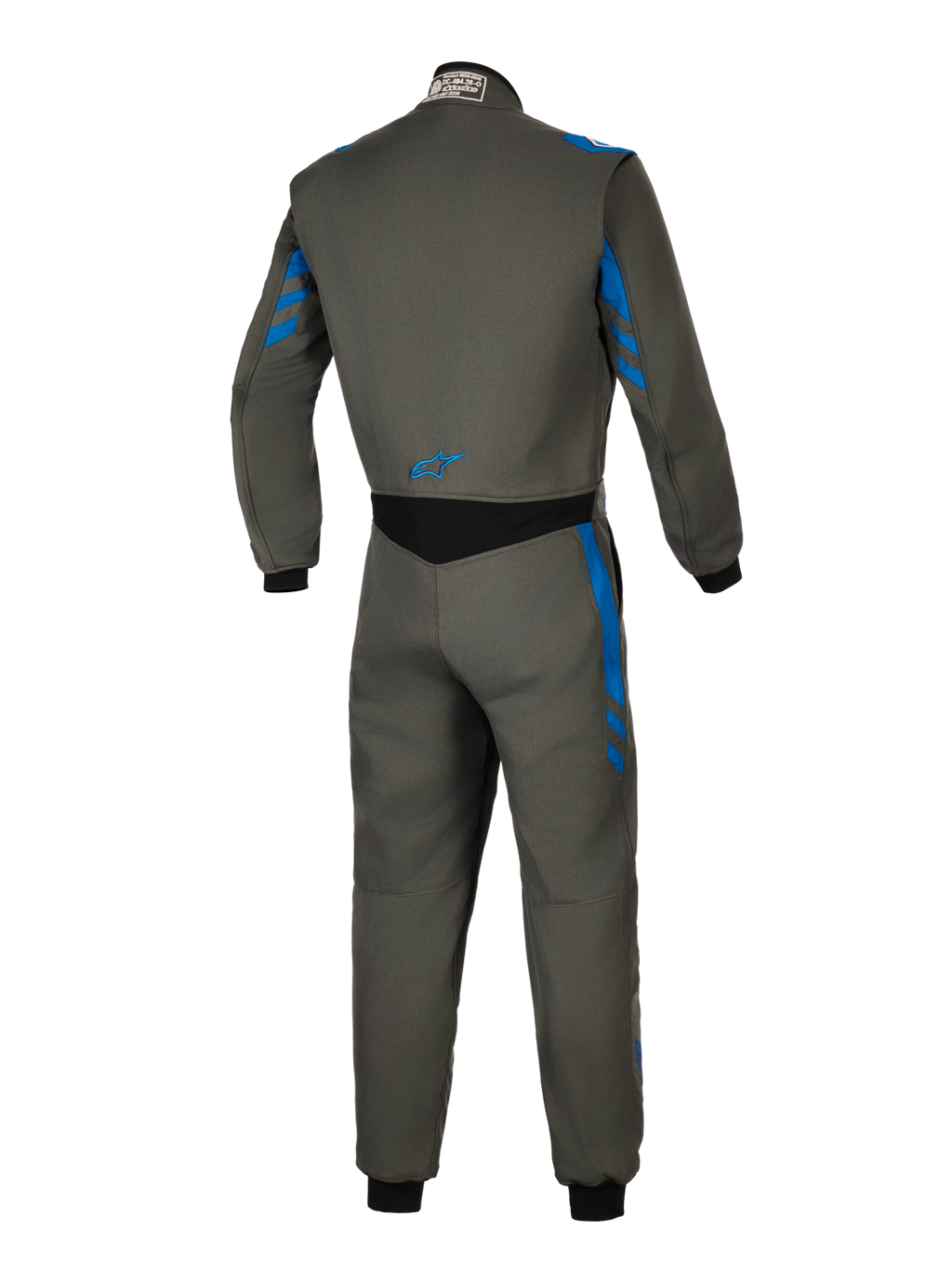 Alpinestars GP Race V3 Suit FIA, Auto Racing Suit, Anthracite Blue, back view showing grey textile construction with blue stripe accents, black stretch panel on the lower back, and small blue logo, professional motorsport safety gear