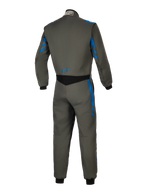 Alpinestars GP Race V3 Suit FIA, Auto Racing Suit, Anthracite Blue, back view showing grey textile construction with blue stripe accents, black stretch panel on the lower back, and small blue logo, professional motorsport safety gear