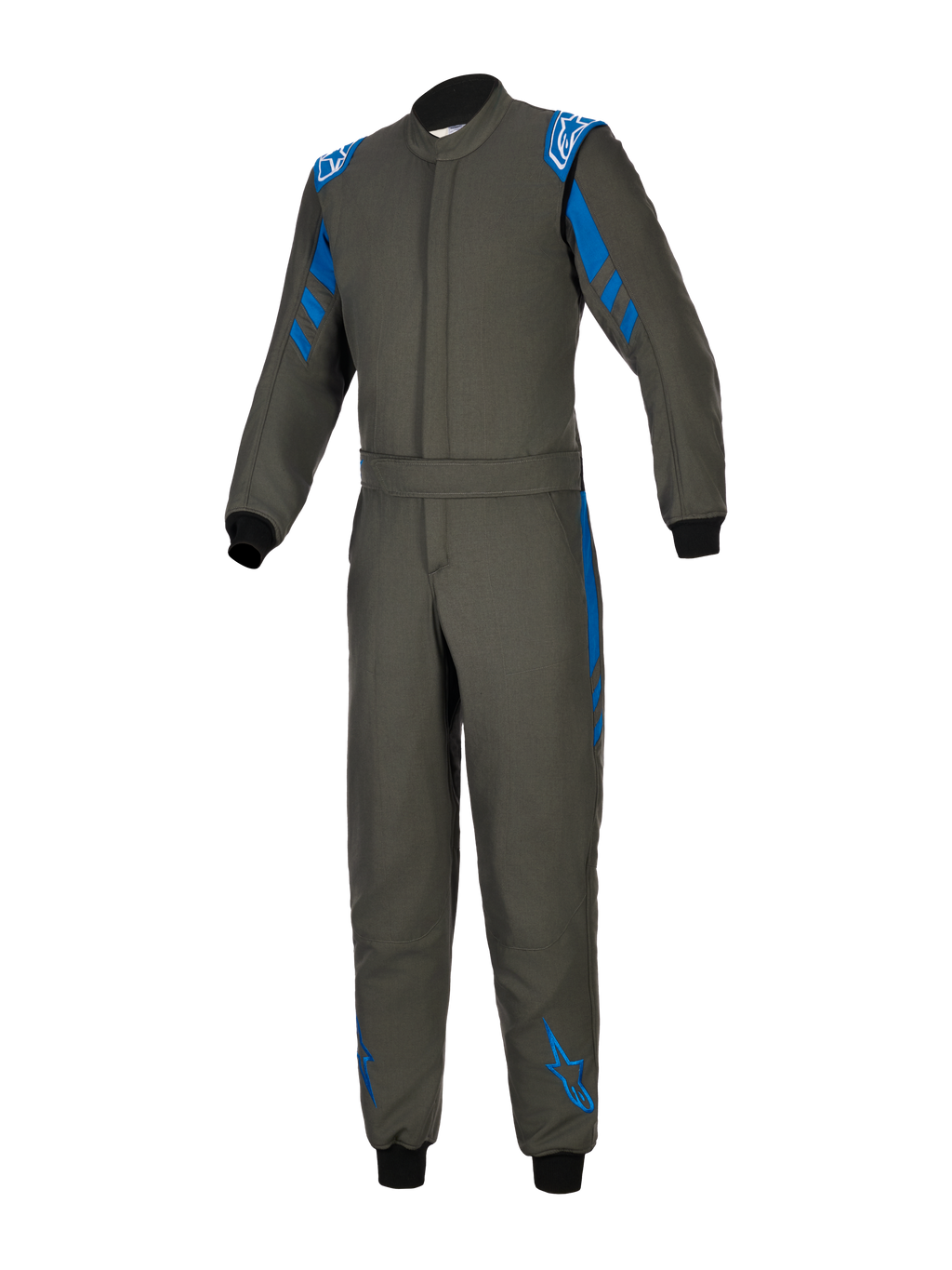 Alpinestars GP Race V3 Suit FIA, Anthracite Blue auto racing suit, one-piece textile design with blue accents on shoulders and legs, white Alpinestars logos, black ribbed cuffs, adjustable belted waist, professional motorsport protective gear