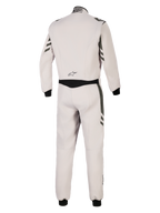 Alpinestars GP Race V3 Suit FIA, Rear view of silver anthracite one-piece auto racing suit, light grey body with dark anthracite accents on sleeves and legs, black ribbed cuffs, professional motorsport protective gear