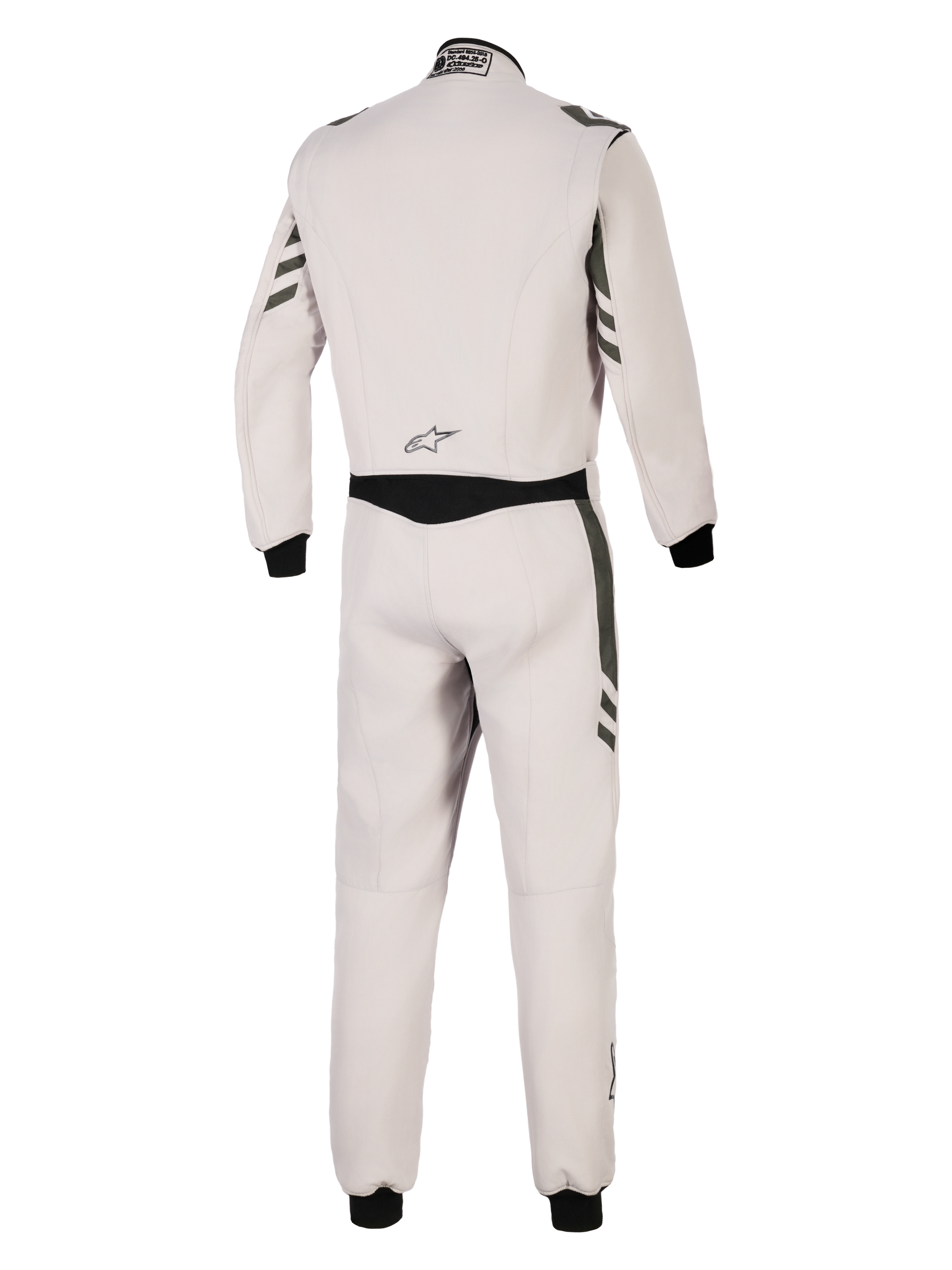 Alpinestars GP Race V3 Suit FIA, Rear view of silver anthracite one-piece auto racing suit, light grey body with dark anthracite accents on sleeves and legs, black ribbed cuffs, professional motorsport protective gear