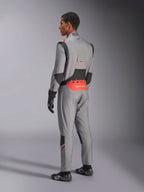 Mono Alpinestars Hypertech V3 en Gris Medio Negro Rojo Fluo, vista de tres cuartos trasera, con la marca Alpinestars en rojo llamativo en la parte inferior de la espalda, paneles elásticos negros y un ajuste atlético estilizado para automovilismo profesional.