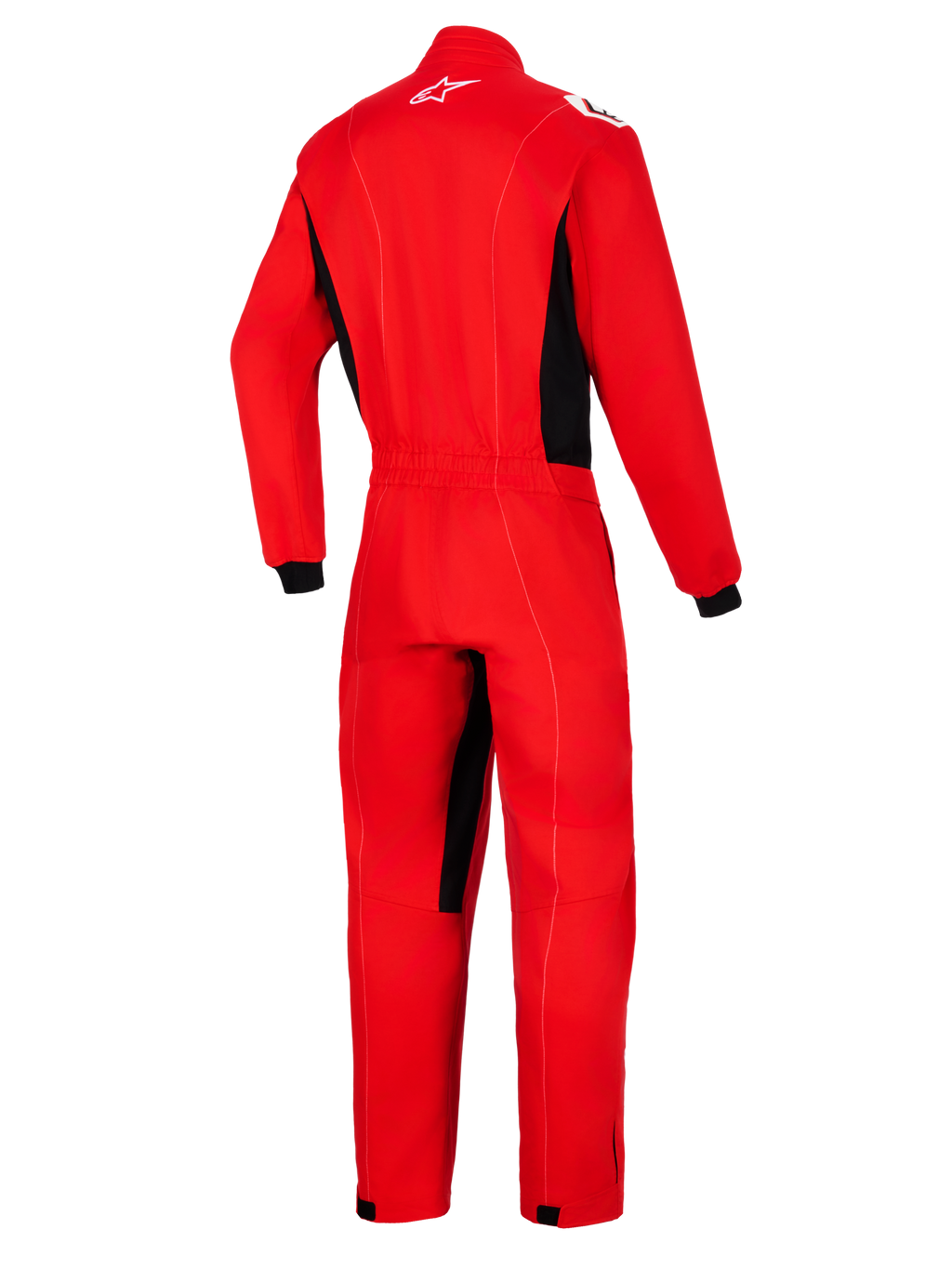 Alpinestars Kart Indoor V2 Suit, rojo, vista posterior de un mono de karting de una sola pieza con paneles laterales negros y detalles en el interior de las piernas, con un logotipo de Astars blanco en la nuca y cintura elástica.