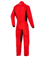 Alpinestars Kart Indoor V2 Suit, rojo, vista posterior de un mono de karting de una sola pieza con paneles laterales negros y detalles en el interior de las piernas, con un logotipo de Astars blanco en la nuca y cintura elástica.