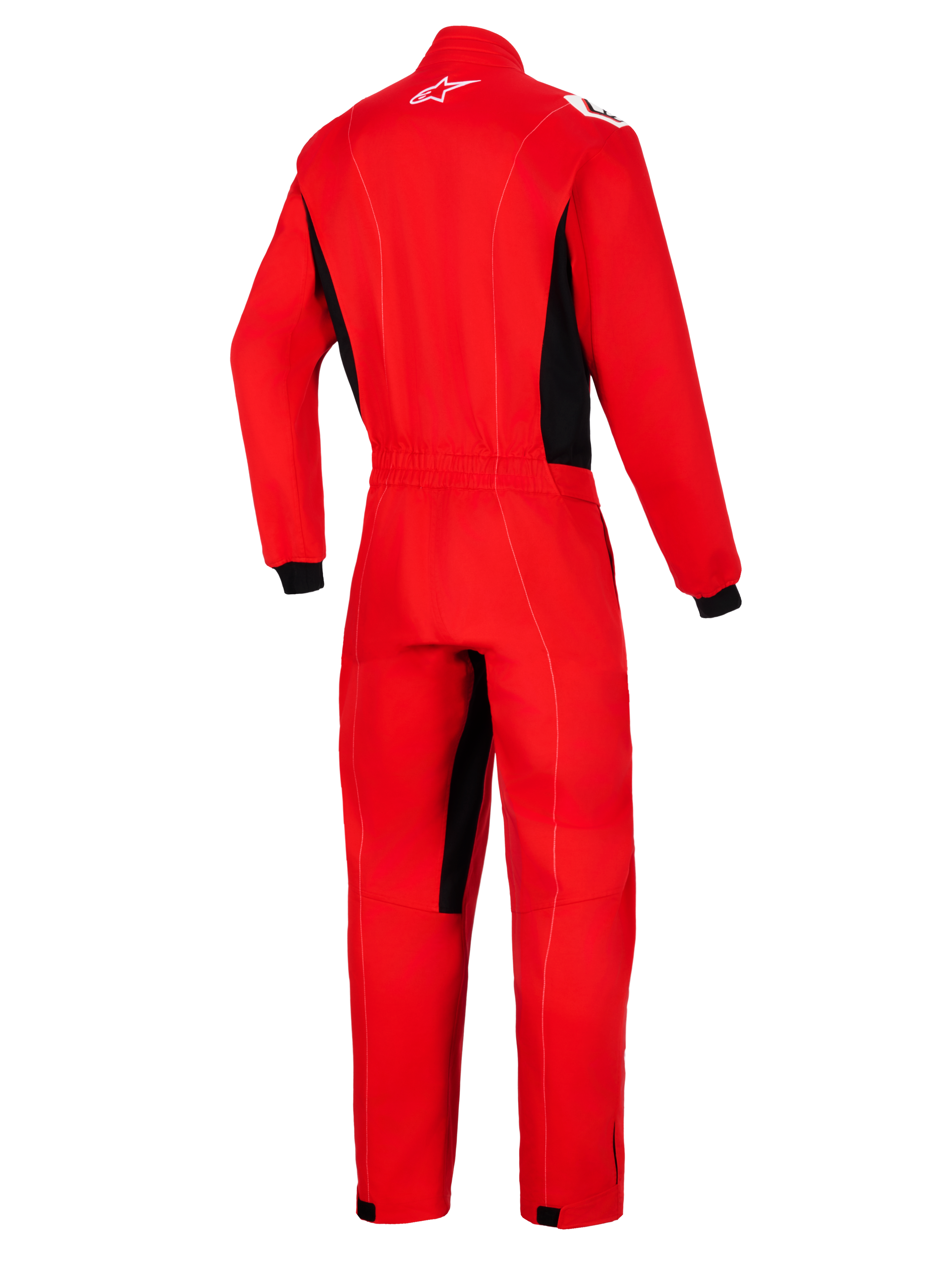 Alpinestars Kart Indoor V2 Suit, rojo, vista posterior de un mono de karting de una sola pieza con paneles laterales negros y detalles en el interior de las piernas, con un logotipo de Astars blanco en la nuca y cintura elástica.