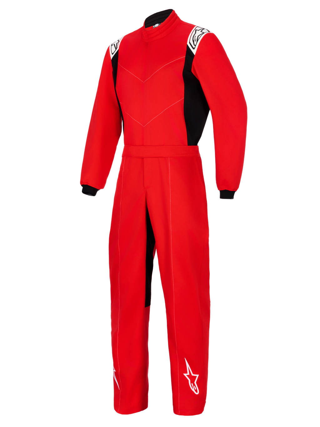Alpinestars Kart Indoor V2 Suit, mono de karting de una pieza en color rojo con paneles laterales negros, logotipos blancos en hombros y parte inferior de la pierna, con cuello alto y cinturón elástico, diseñado para carreras de karting recreativo