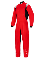 Alpinestars Kart Indoor V2 Suit, mono de karting de una pieza en color rojo con paneles laterales negros, logotipos blancos en hombros y parte inferior de la pierna, con cuello alto y cinturón elástico, diseñado para carreras de karting recreativo