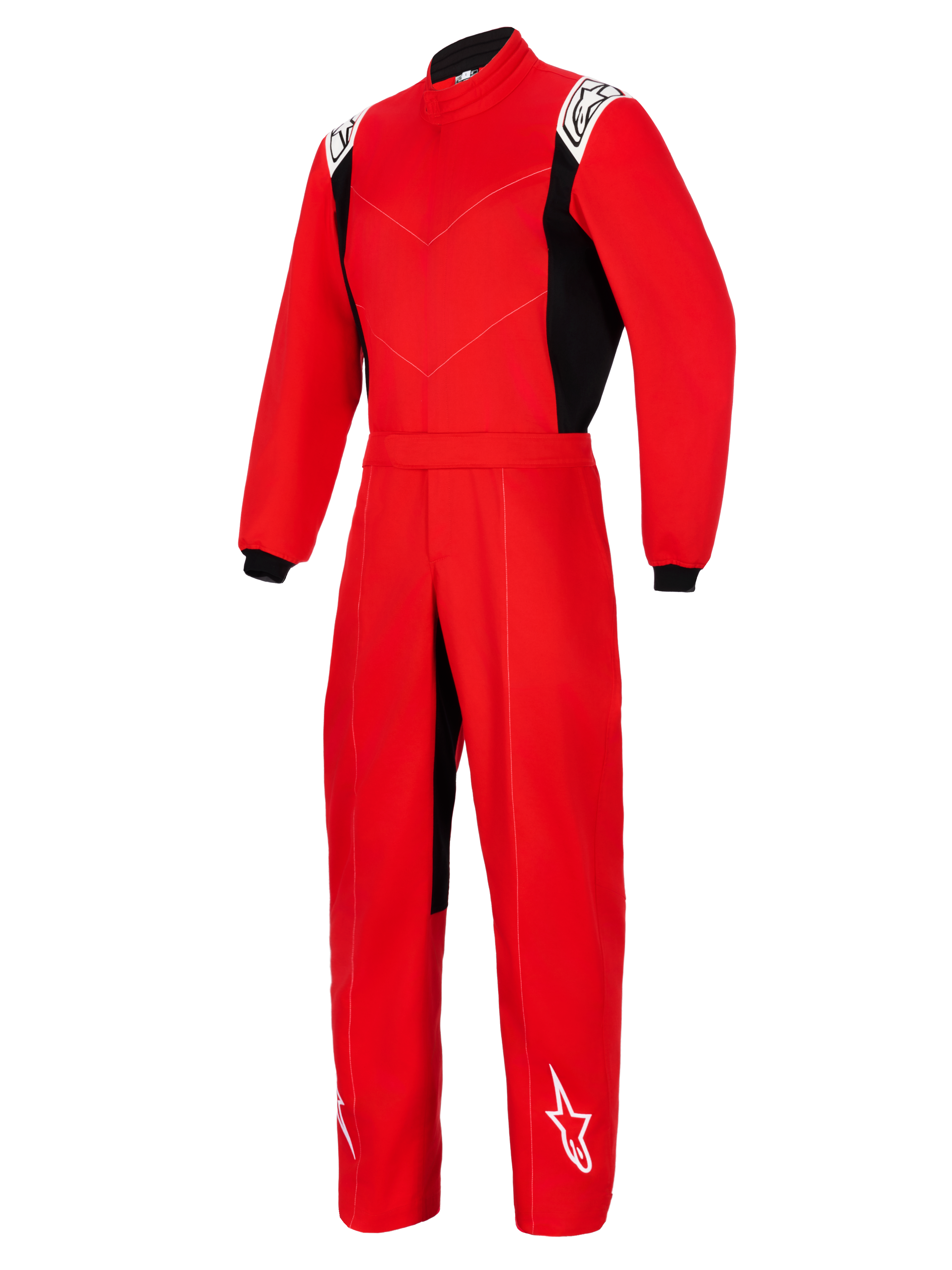 Alpinestars Kart Indoor V2 Suit, mono de karting de una pieza en color rojo con paneles laterales negros, logotipos blancos en hombros y parte inferior de la pierna, con cuello alto y cinturón elástico, diseñado para carreras de karting recreativo