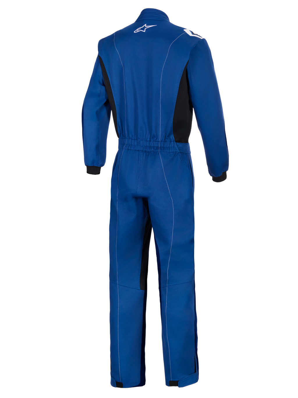 Mono Alpinestars Kart Indoor V2, azul, vista trasera de un mono de karting de una sola capa con cintura elástica, paneles laterales negros, costuras blancas en contraste y logotipo de Alpinestars blanco en el cuello.