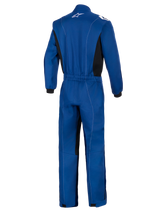 Alpinestars Kart Indoor V2 Suit, Blue, Rear view of a single-layer kart racing suit, featuring an elastic waistband, black side panels, white contrast stitching, and white Alpinestars logo on the collar.