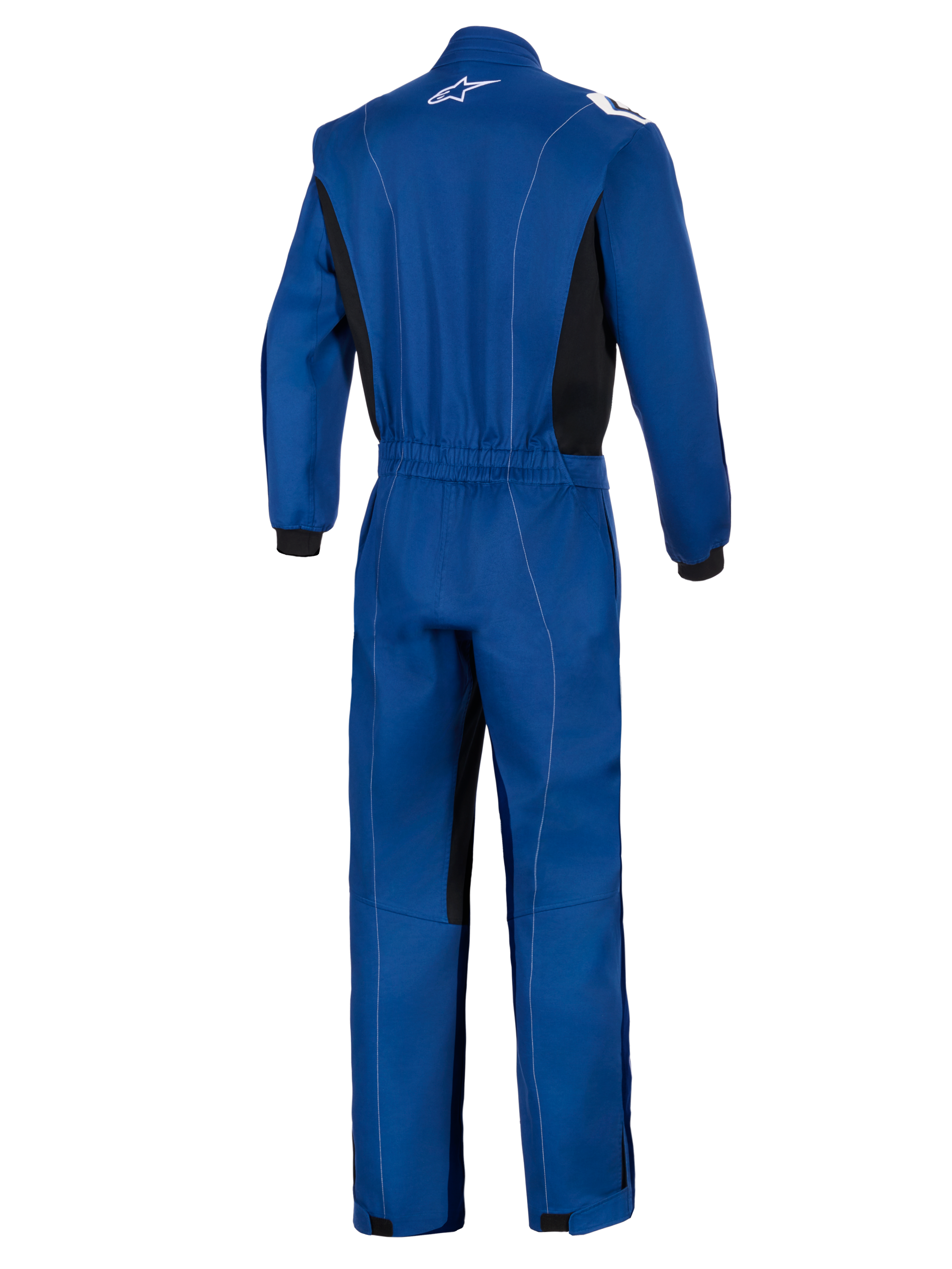 Mono Alpinestars Kart Indoor V2, azul, vista trasera de un mono de karting de una sola capa con cintura elástica, paneles laterales negros, costuras blancas en contraste y logotipo de Alpinestars blanco en el cuello.