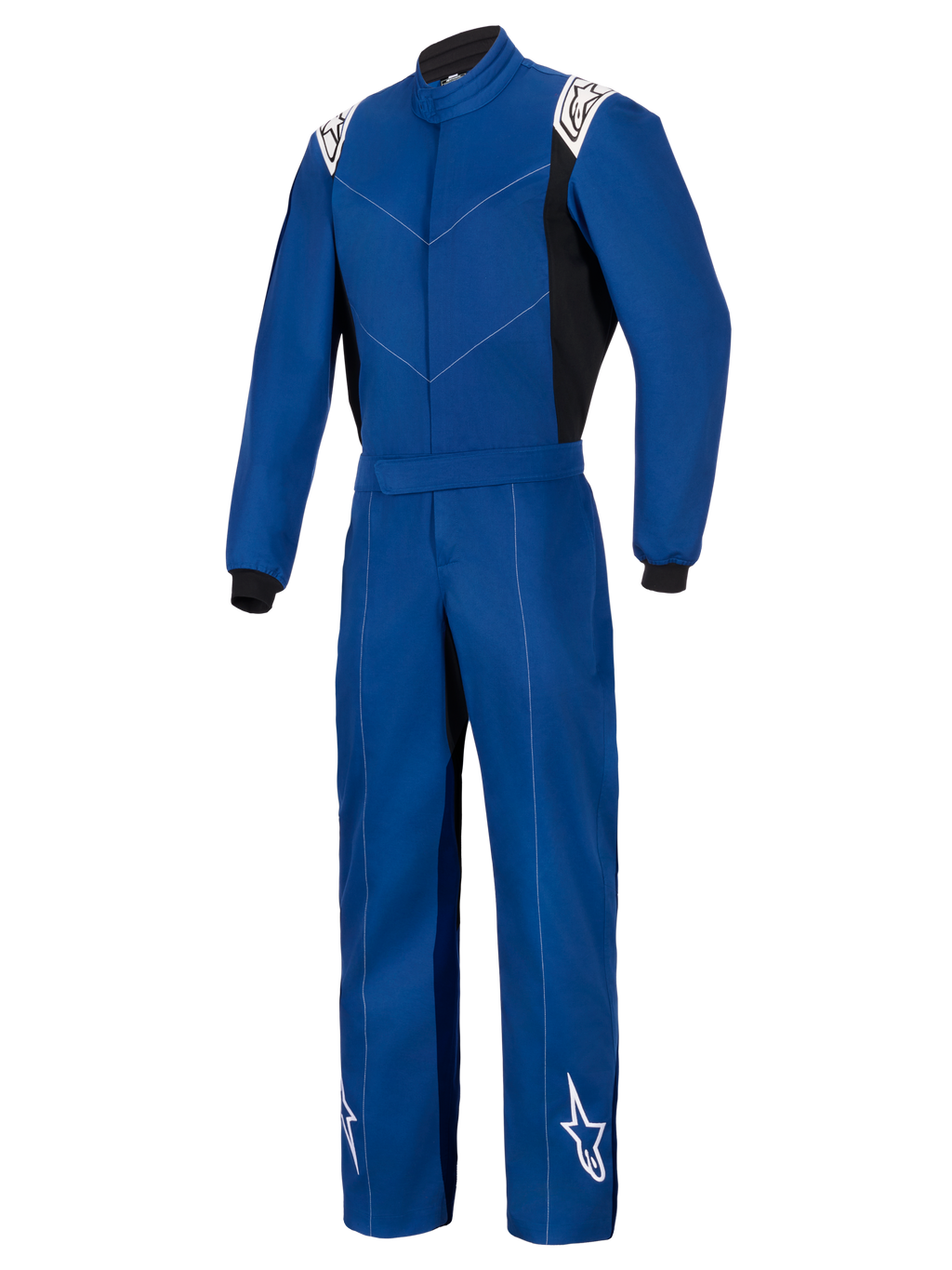 Mono Alpinestars Kart Indoor V2, azul, traje de karting de una sola pieza, cuenta con logotipos blancos de Alpinestars en los hombros y la parte inferior de las piernas, paneles laterales y puños negros, construcción duradera de sarga de polialgodón de una sola capa para carreras recreativas