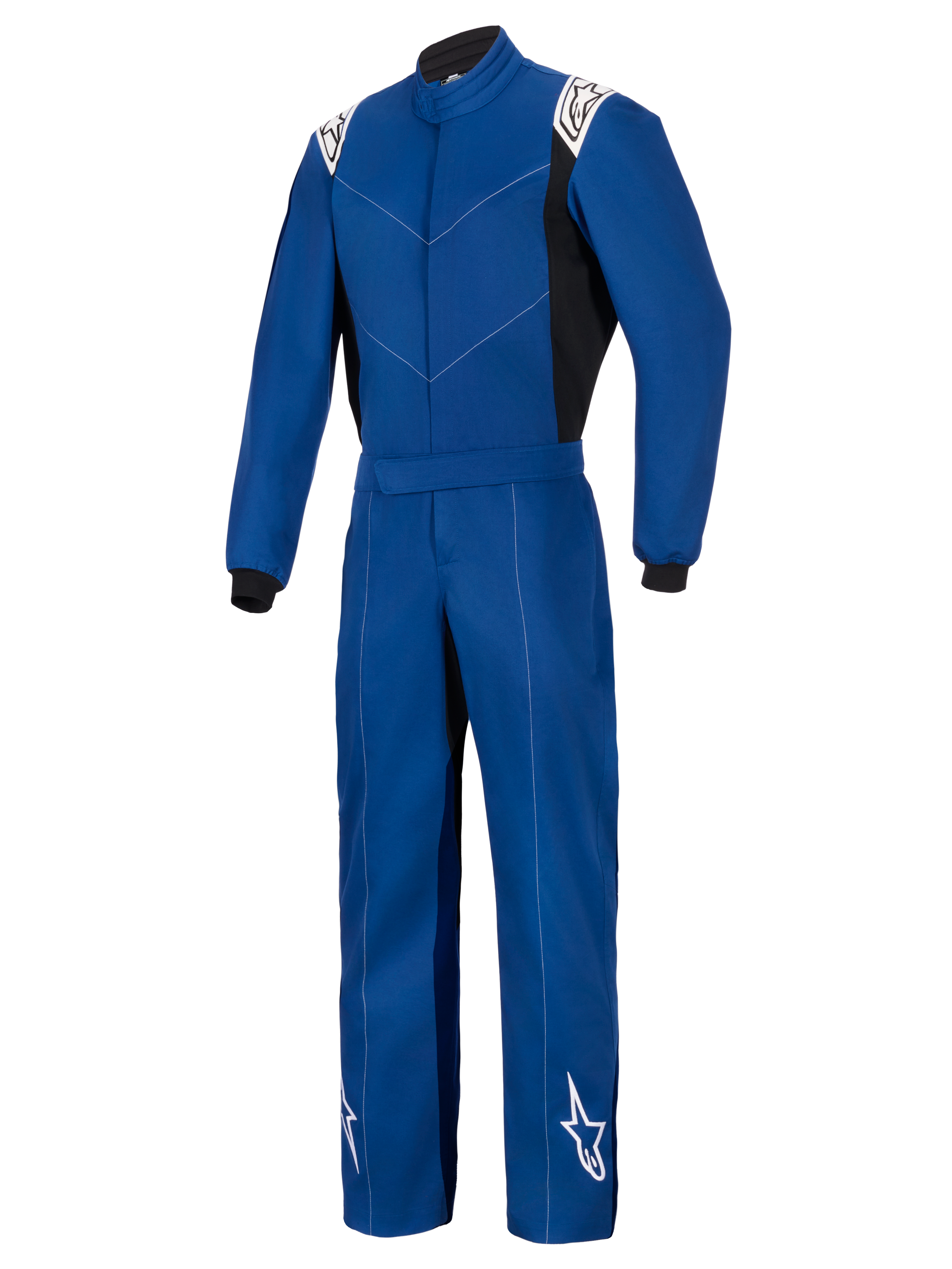 Mono Alpinestars Kart Indoor V2, azul, traje de karting de una sola pieza, cuenta con logotipos blancos de Alpinestars en los hombros y la parte inferior de las piernas, paneles laterales y puños negros, construcción duradera de sarga de polialgodón de una sola capa para carreras recreativas