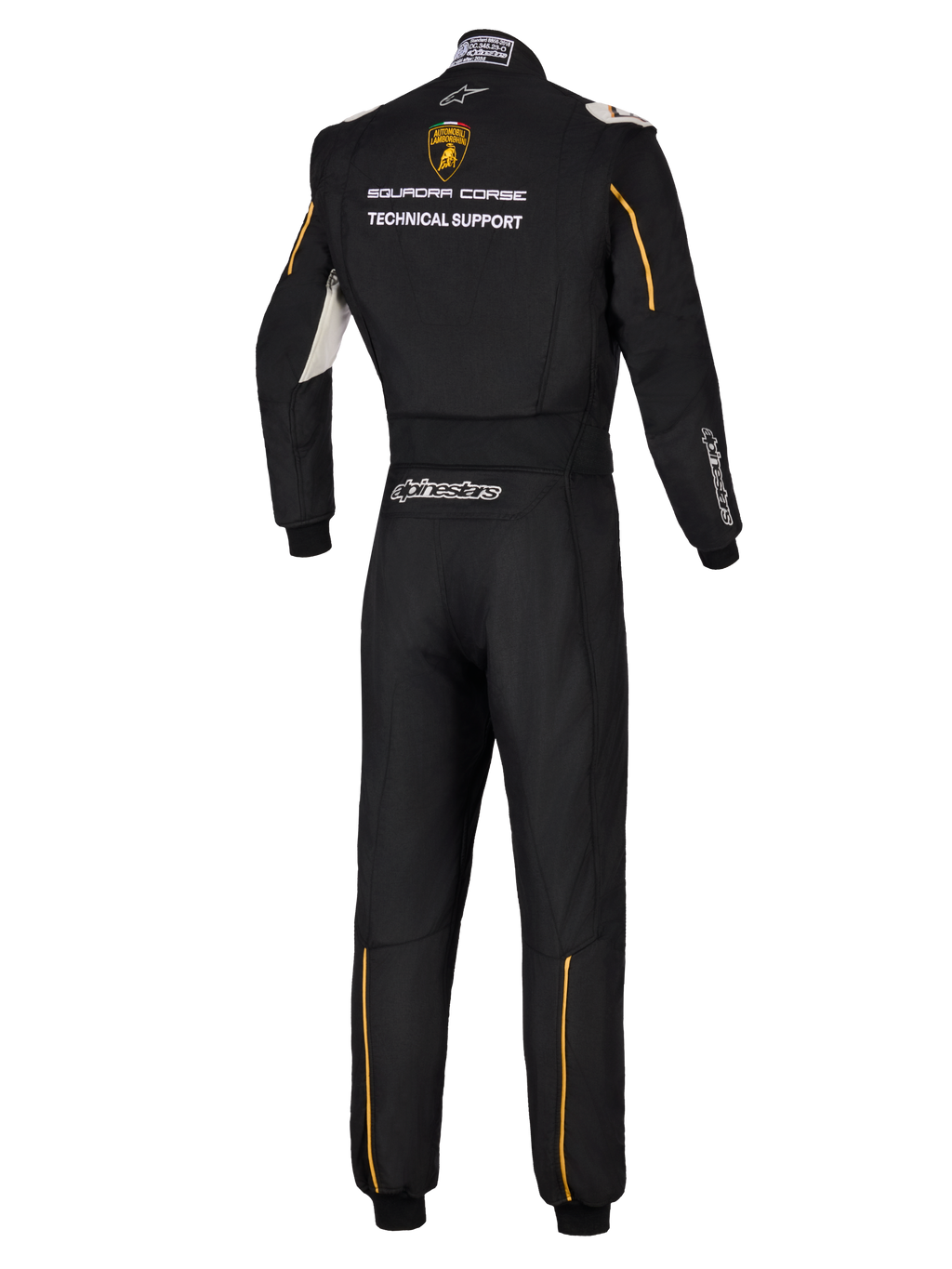 Alpinestars Limited Edition Lamborghini GP Tech V4 Suit FIA, back view of professional black auto racing suit, featuring Lamborghini Squadra Corse logo and Technical Support text, gold accents and silver Alpinestars branding.