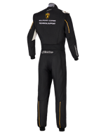 Alpinestars Limited Edition Lamborghini GP Tech V4 Suit FIA, back view of professional black auto racing suit, featuring Lamborghini Squadra Corse logo and Technical Support text, gold accents and silver Alpinestars branding.