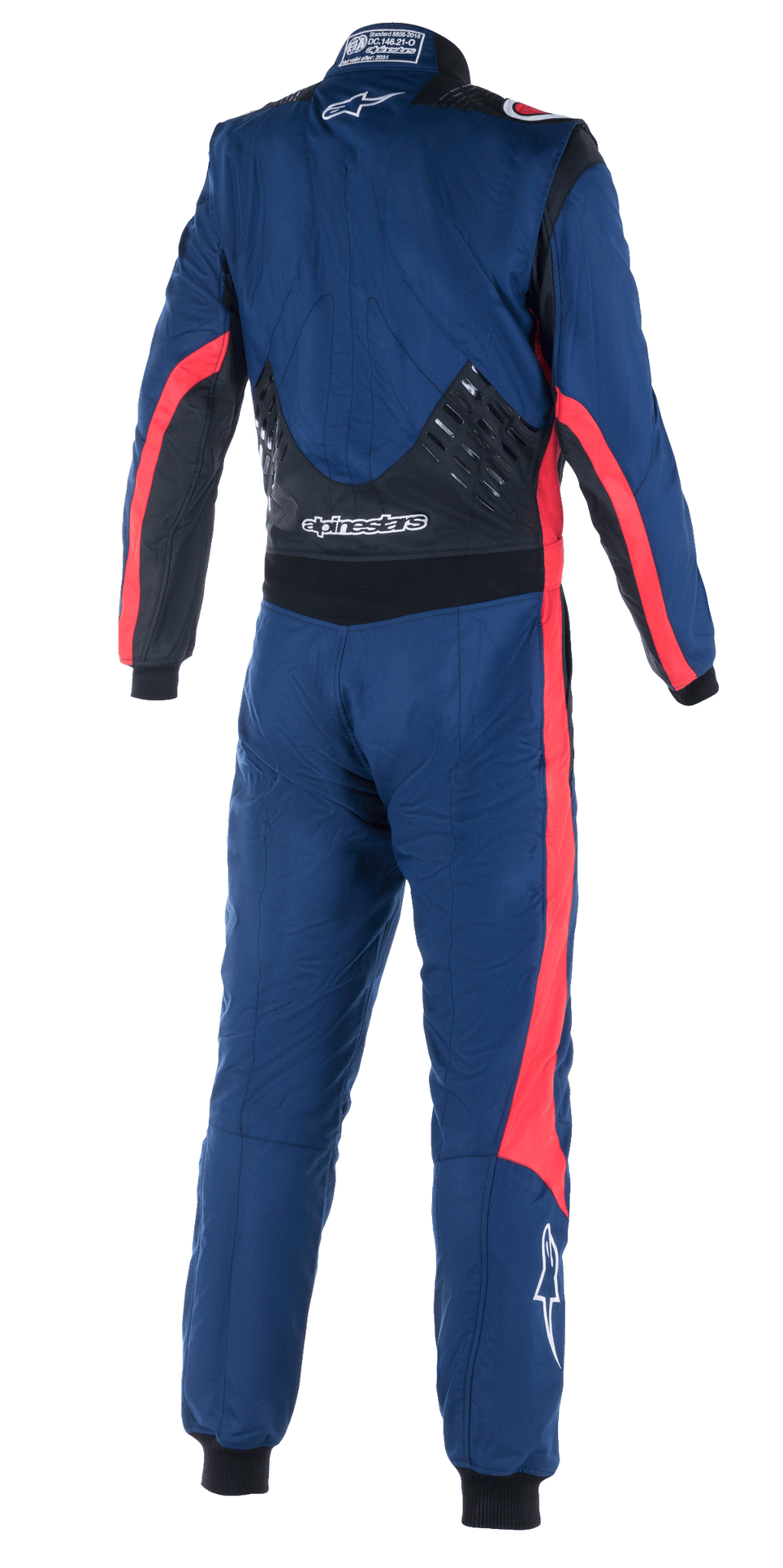Alpinestars GP Pro Comp V2 FIA Suit, Rear view of one-piece auto racing suit, Navy Blue with Black and Red accents, featuring silicon grip panels on the lower back, red racing stripes on sleeves and legs, and white Alpinestars branding, professional performance gear