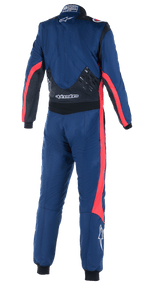 Alpinestars GP Pro Comp V2 FIA Suit, Rear view of one-piece auto racing suit, Navy Blue with Black and Red accents, featuring silicon grip panels on the lower back, red racing stripes on sleeves and legs, and white Alpinestars branding, professional performance gear