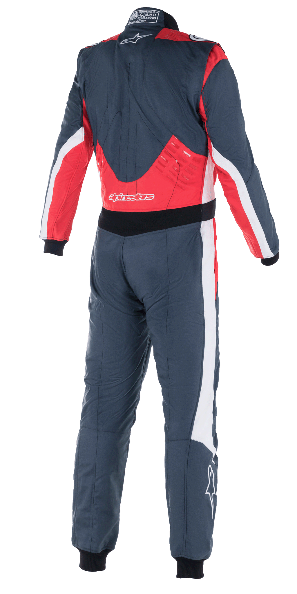 Mono Alpinestars GP Pro Comp V2 FIA, traje de automovilismo, rojo asfalto y blanco, vista trasera con paneles rojos en la parte inferior de la espalda y los hombros, detalles blancos en los laterales y logotipo de Alpinestars