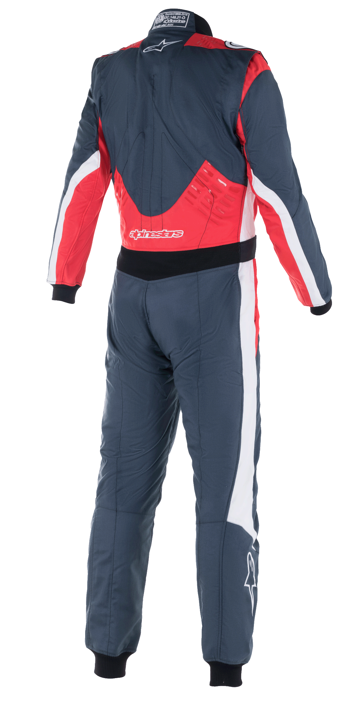 Mono Alpinestars GP Pro Comp V2 FIA, traje de automovilismo, rojo asfalto y blanco, vista trasera con paneles rojos en la parte inferior de la espalda y los hombros, detalles blancos en los laterales y logotipo de Alpinestars