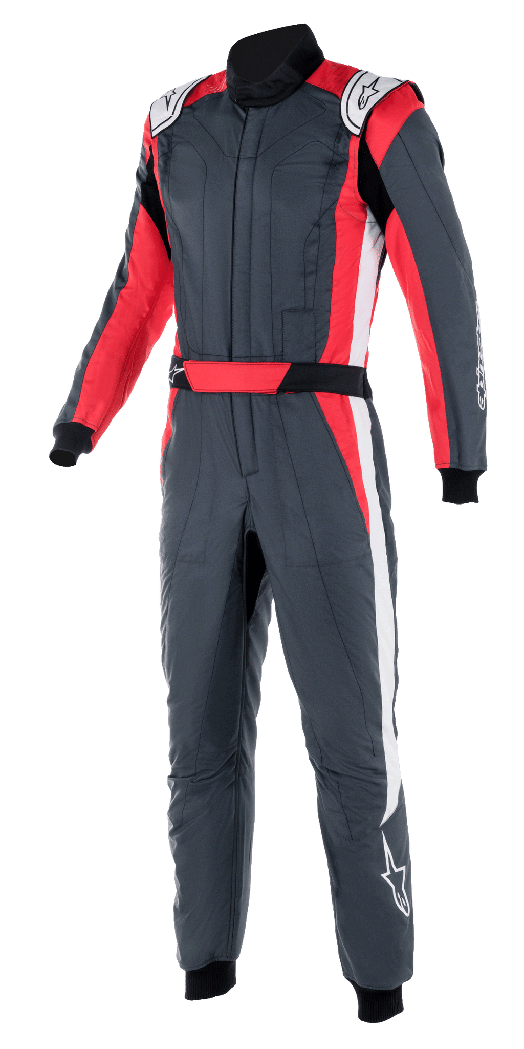 Alpinestars GP Pro Comp V2 FIA Suit, mono de automovilismo, gris asfalto con detalles en rojo y blanco, con cuello alto, cinturón rojo integrado y rayas laterales blancas, equipo de protección profesional para deportes de motor