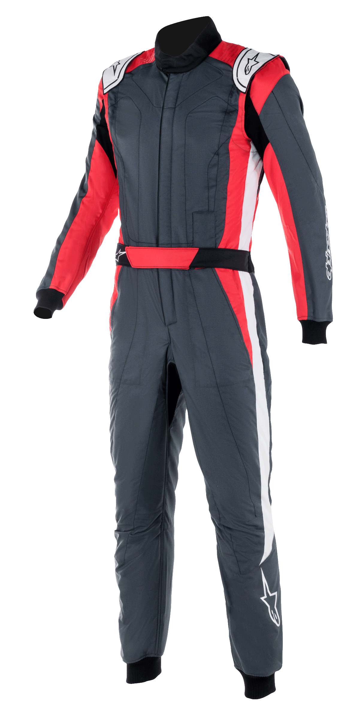 Alpinestars GP Pro Comp V2 FIA Suit, mono de automovilismo, gris asfalto con detalles en rojo y blanco, con cuello alto, cinturón rojo integrado y rayas laterales blancas, equipo de protección profesional para deportes de motor