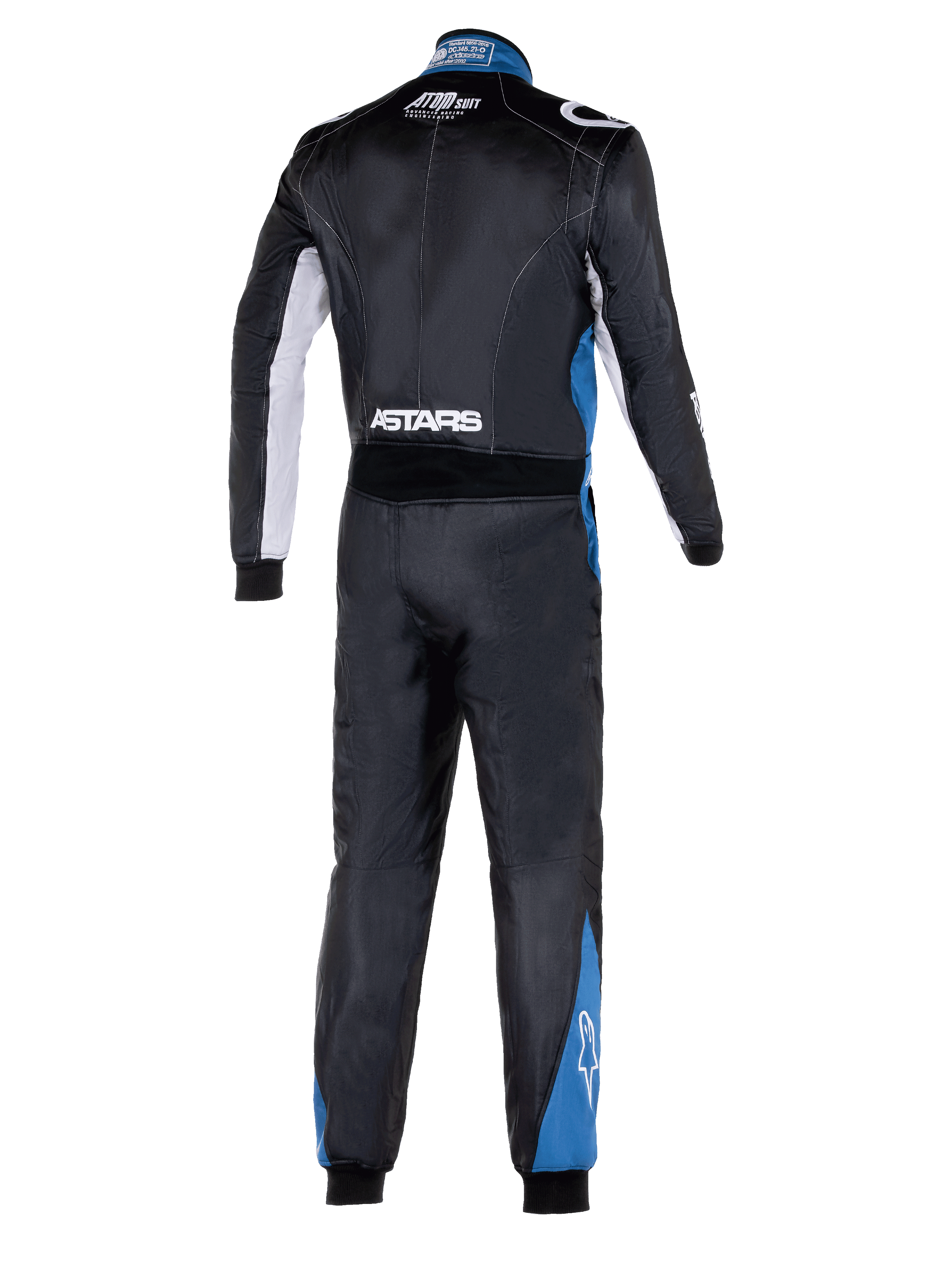 Alpinestars Atom Graphic 4 Suit, vista trasera de cuerpo completo de mono de automovilismo, negro con detalles plateados y azules, con el logotipo blanco de ASTARS en la cintura y paneles azules en las piernas, ropa de protección profesional para automovilismo con certificación FIA