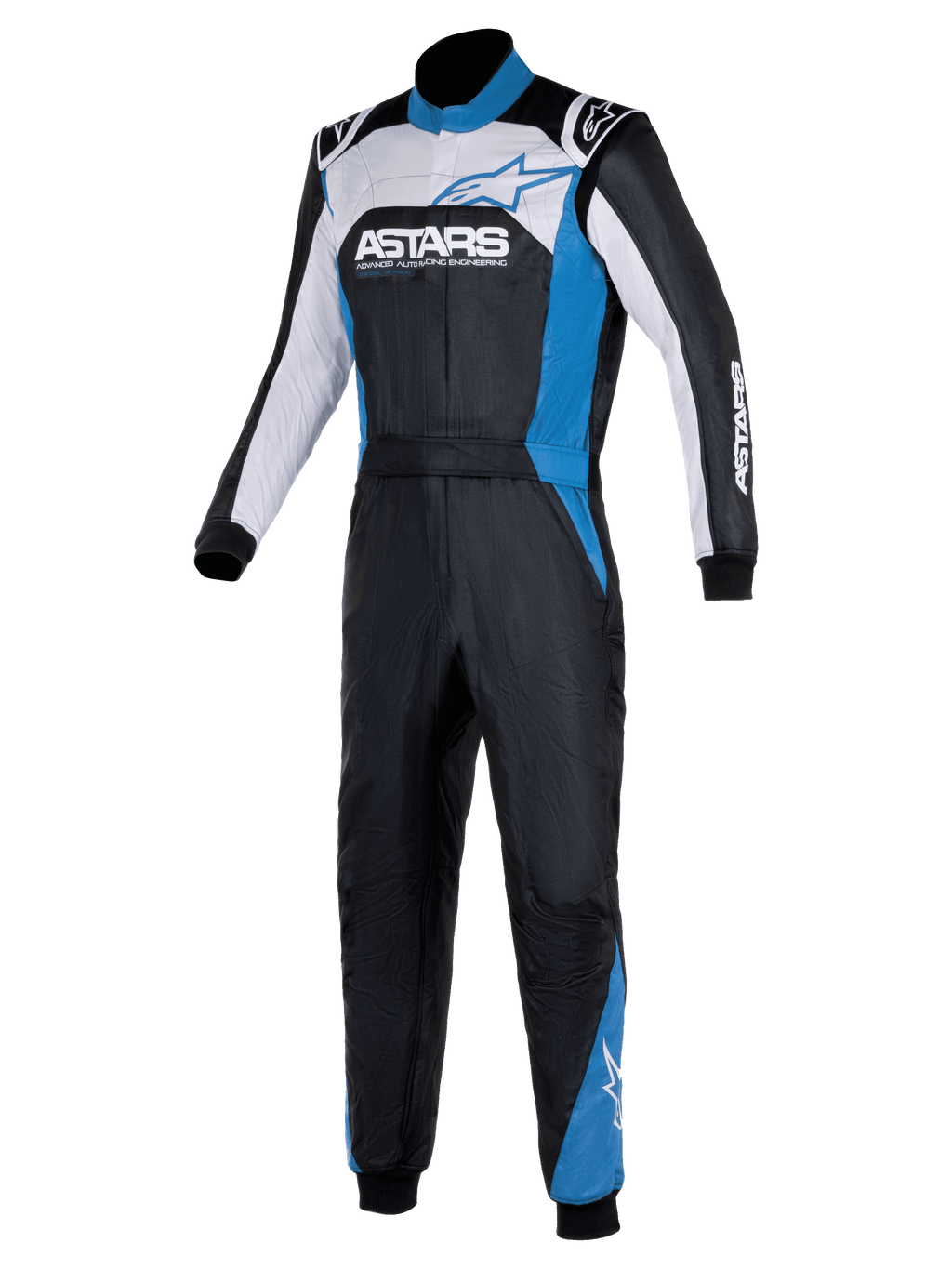 Alpinestars Atom Graphic 4 Suit, mono de carreras de una pieza para automovilismo, negro, plateado y azul, con la marca ASTARS destacada en el pecho, paneles blancos y azules, cuello alto y puños acanalados, prenda de protección profesional para deportes de motor