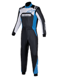 Alpinestars Atom Graphic 4 Suit, mono de carreras de una pieza para automovilismo, negro, plateado y azul, con la marca ASTARS destacada en el pecho, paneles blancos y azules, cuello alto y puños acanalados, prenda de protección profesional para deportes de motor
