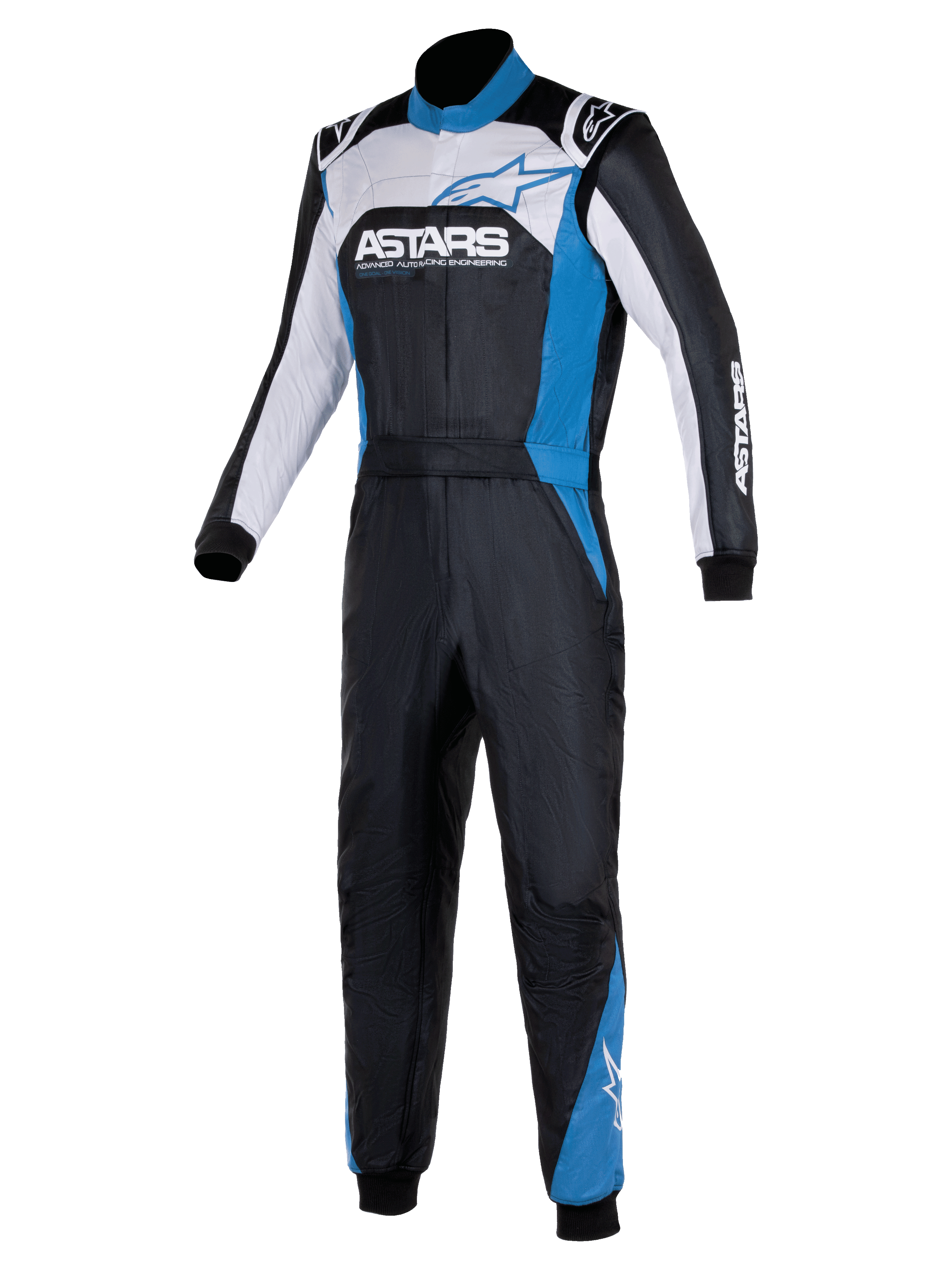 Alpinestars Atom Graphic 4 Suit, mono de carreras de una pieza para automovilismo, negro, plateado y azul, con la marca ASTARS destacada en el pecho, paneles blancos y azules, cuello alto y puños acanalados, prenda de protección profesional para deportes de motor