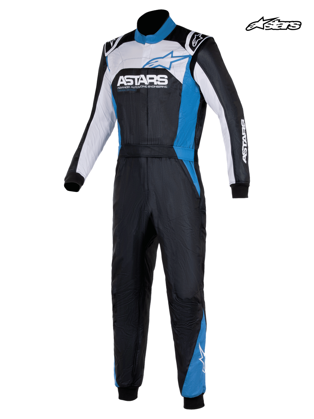 Alpinestars Traje Atom Graphic 4 - FIA, traje de carreras para hombre en negro, plata y azul, vista frontal que muestra la construcción aramídica de dos capas y la certificación FIA 8856-2018