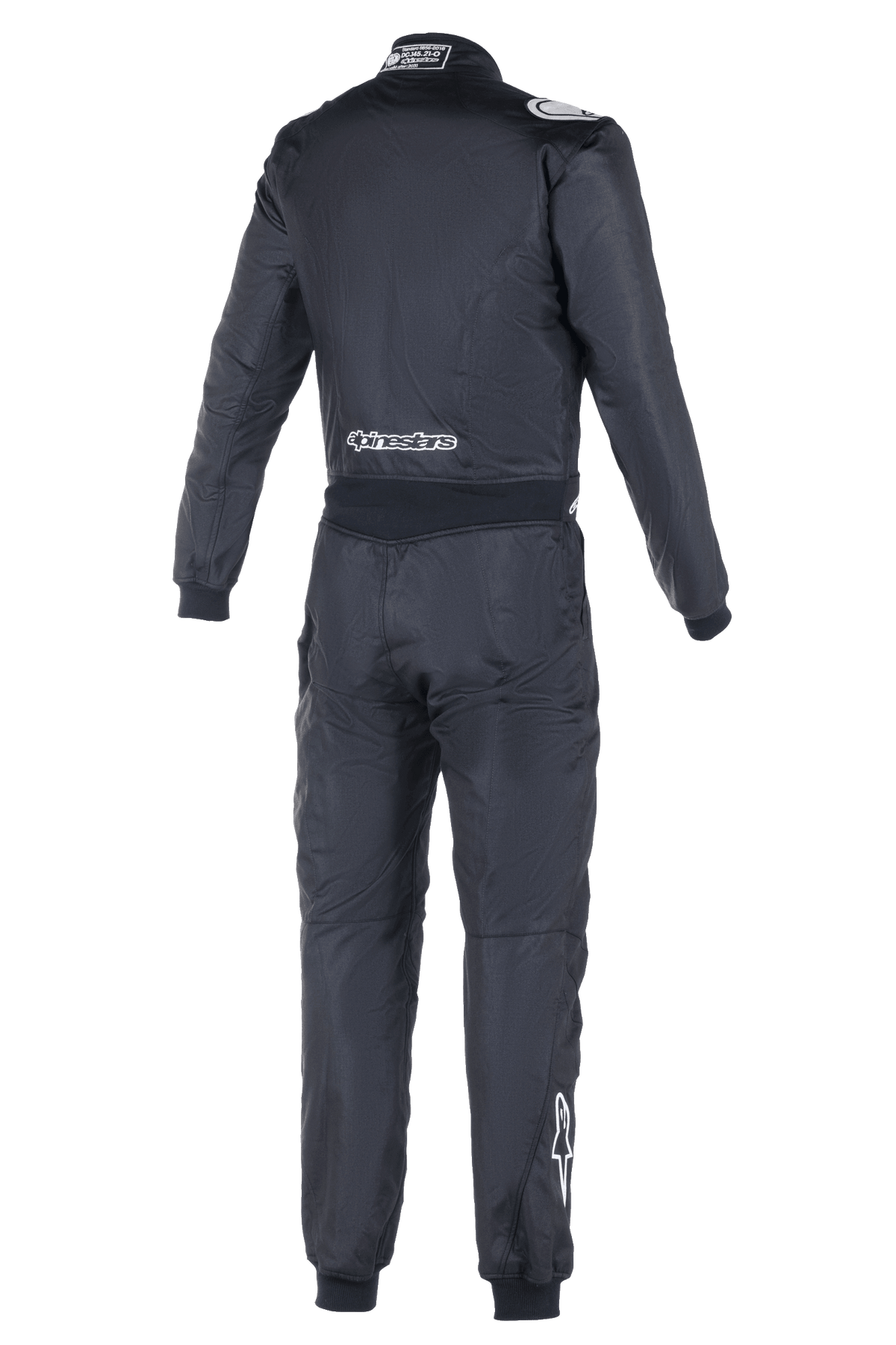 Mono Alpinestars Atom FIA, traje de carreras de automovilismo, vista posterior en negro, con logotipos blancos de Alpinestars en la parte inferior de la espalda y la pantorrilla derecha, etiqueta de homologación FIA en el cuello, construcción textil de una pieza para seguridad profesional en el automovilismo