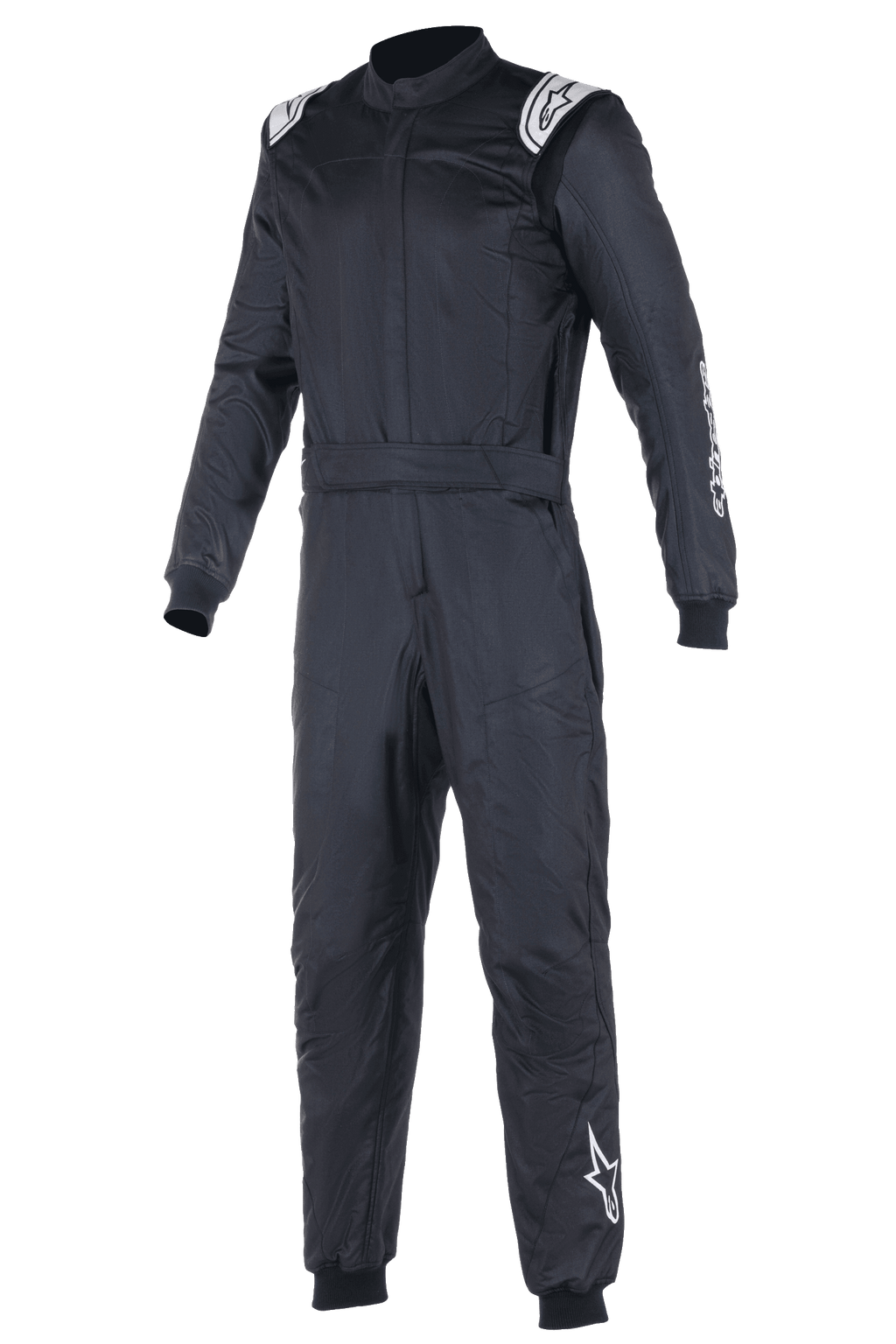 Alpinestars Atom FIA Suit, mono de carreras negro, diseño de una pieza con logotipos Alpinestars blancos en los hombros y la pierna izquierda, cuello alto con puños acanalados y cinturón, ropa profesional de automovilismo y carreras