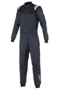 Alpinestars Atom FIA Suit, mono de carreras negro, diseño de una pieza con logotipos Alpinestars blancos en los hombros y la pierna izquierda, cuello alto con puños acanalados y cinturón, ropa profesional de automovilismo y carreras