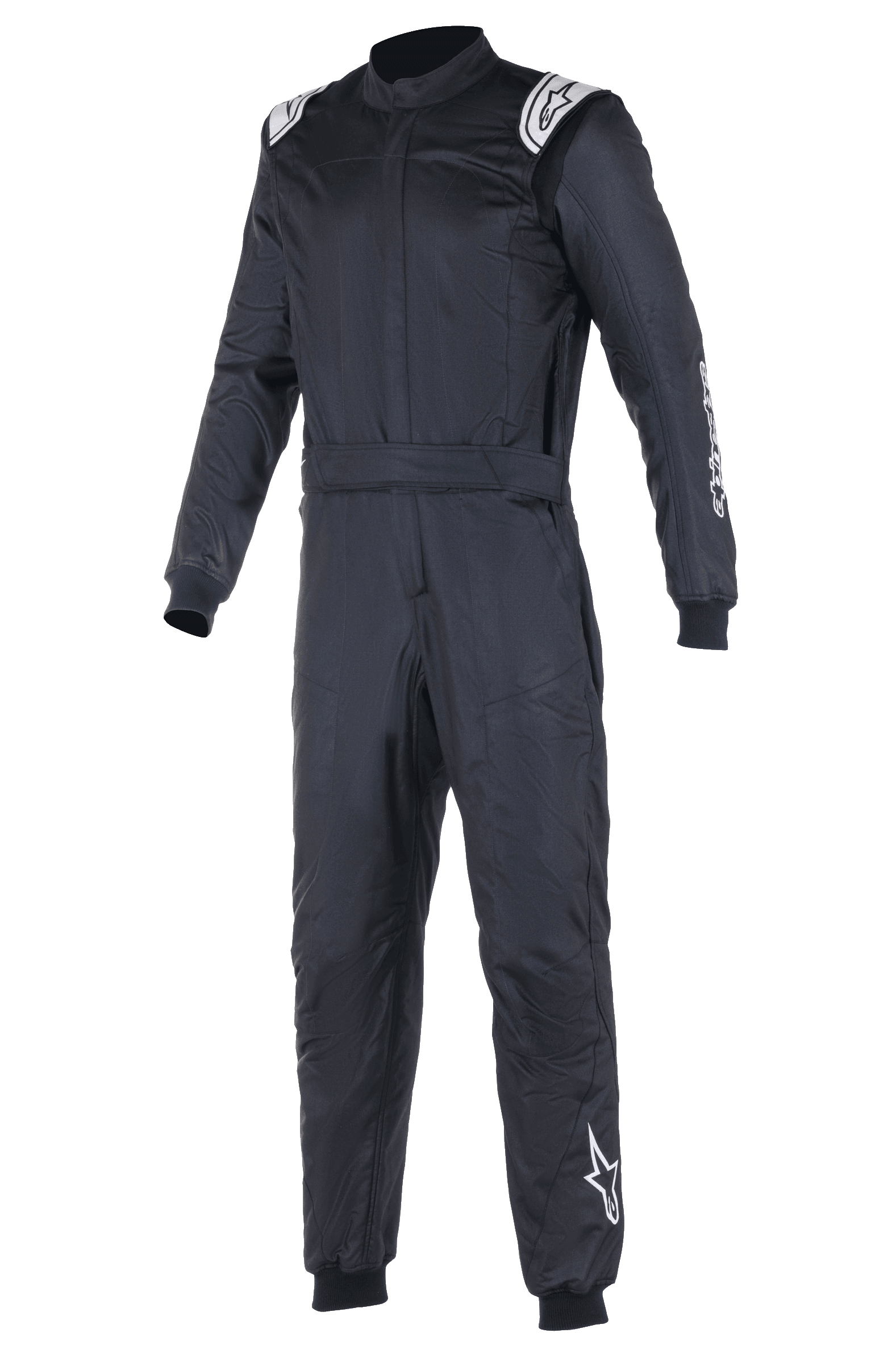 Alpinestars Atom FIA Suit, mono de carreras negro, diseño de una pieza con logotipos Alpinestars blancos en los hombros y la pierna izquierda, cuello alto con puños acanalados y cinturón, ropa profesional de automovilismo y carreras
