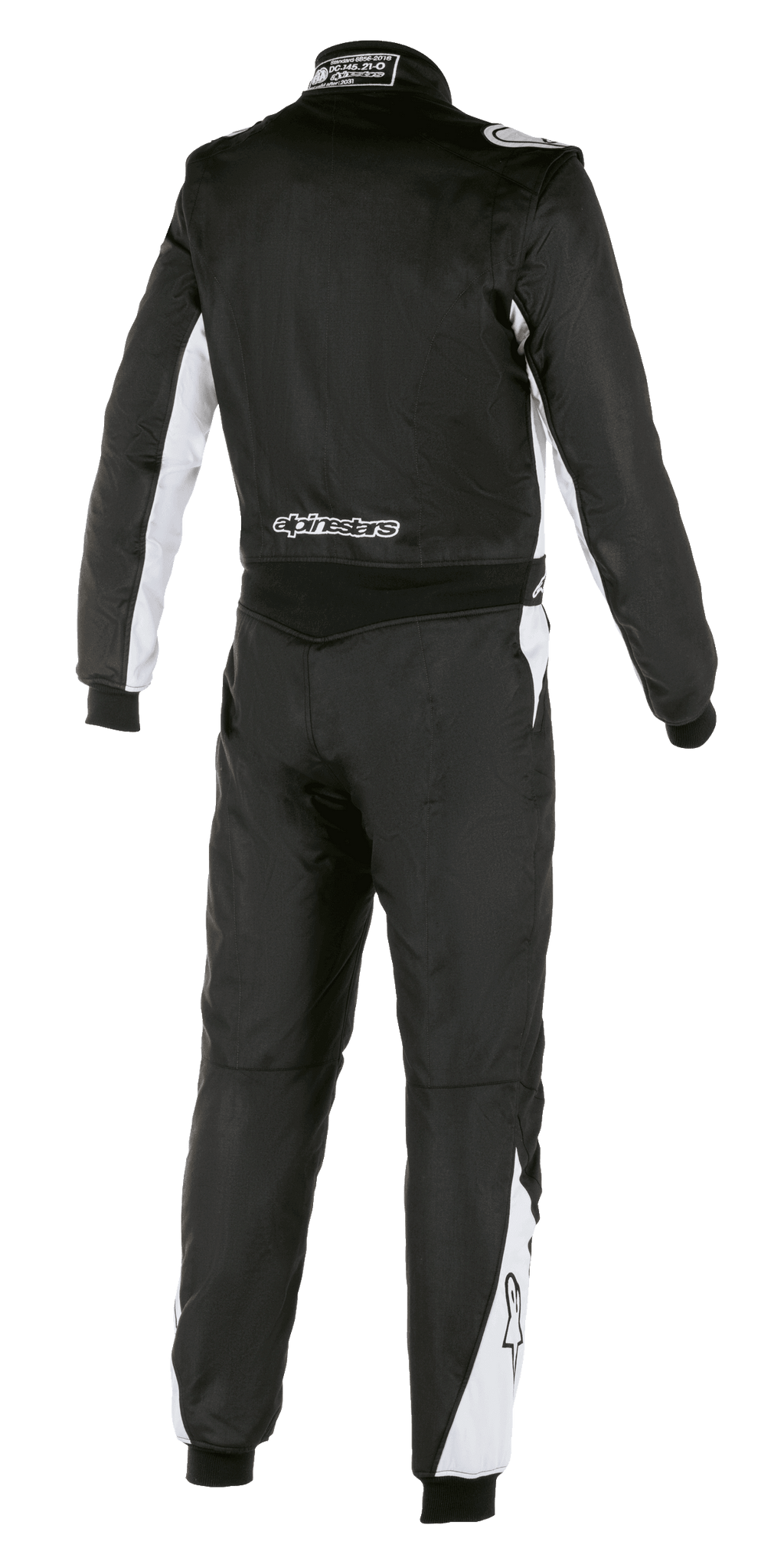 Alpinestars Traje Atom FIA, mono de automovilismo, negro y plateado, vista trasera, con detalles blancos en mangas y piernas, logotipo de Alpinestars en la parte inferior de la espalda, construcción duradera de aramida para automovilismo profesional