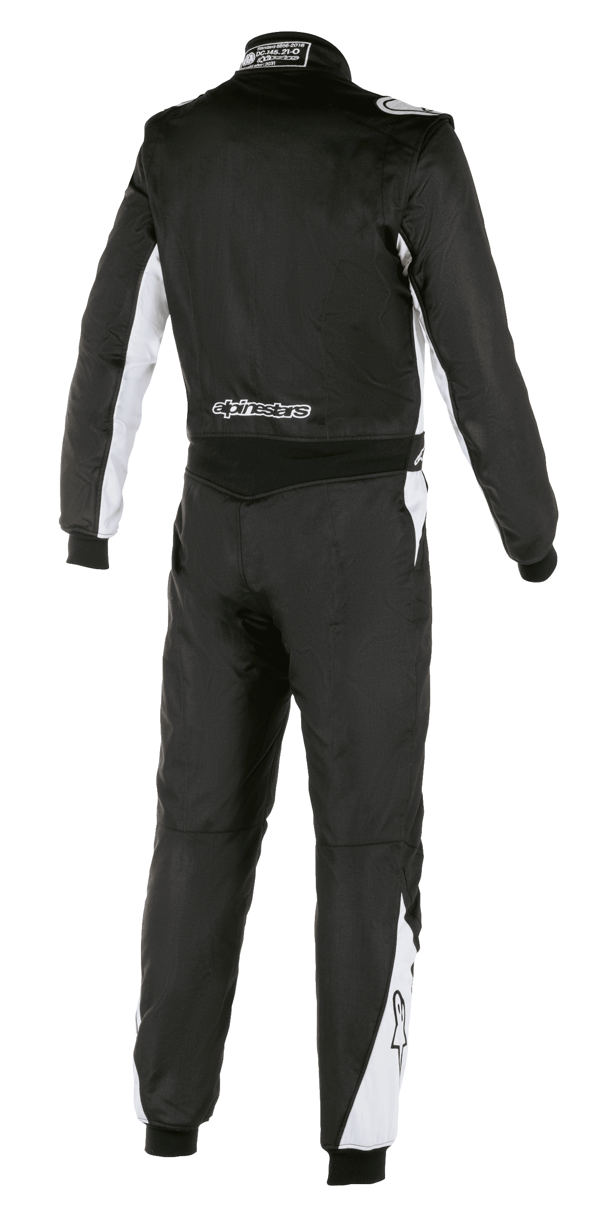 Alpinestars Traje Atom FIA, mono de automovilismo, negro y plateado, vista trasera, con detalles blancos en mangas y piernas, logotipo de Alpinestars en la parte inferior de la espalda, construcción duradera de aramida para automovilismo profesional