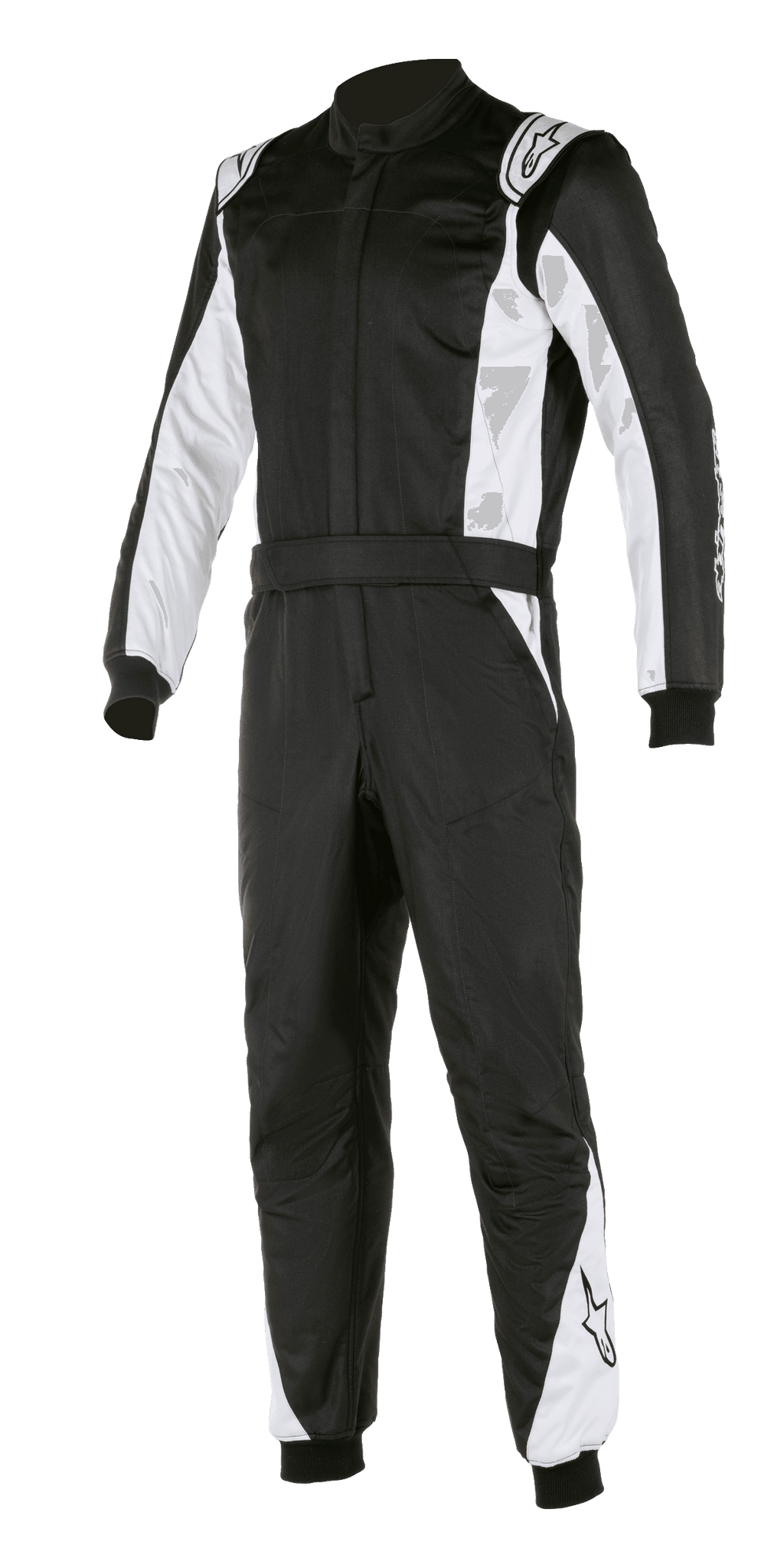 Traje Alpinestars Atom FIA, mono de carreras para automovilismo, negro y plateado, con paneles blancos en las mangas y piernas, hombreras, cinturón y puños acanalados, diseño profesional con certificación FIA