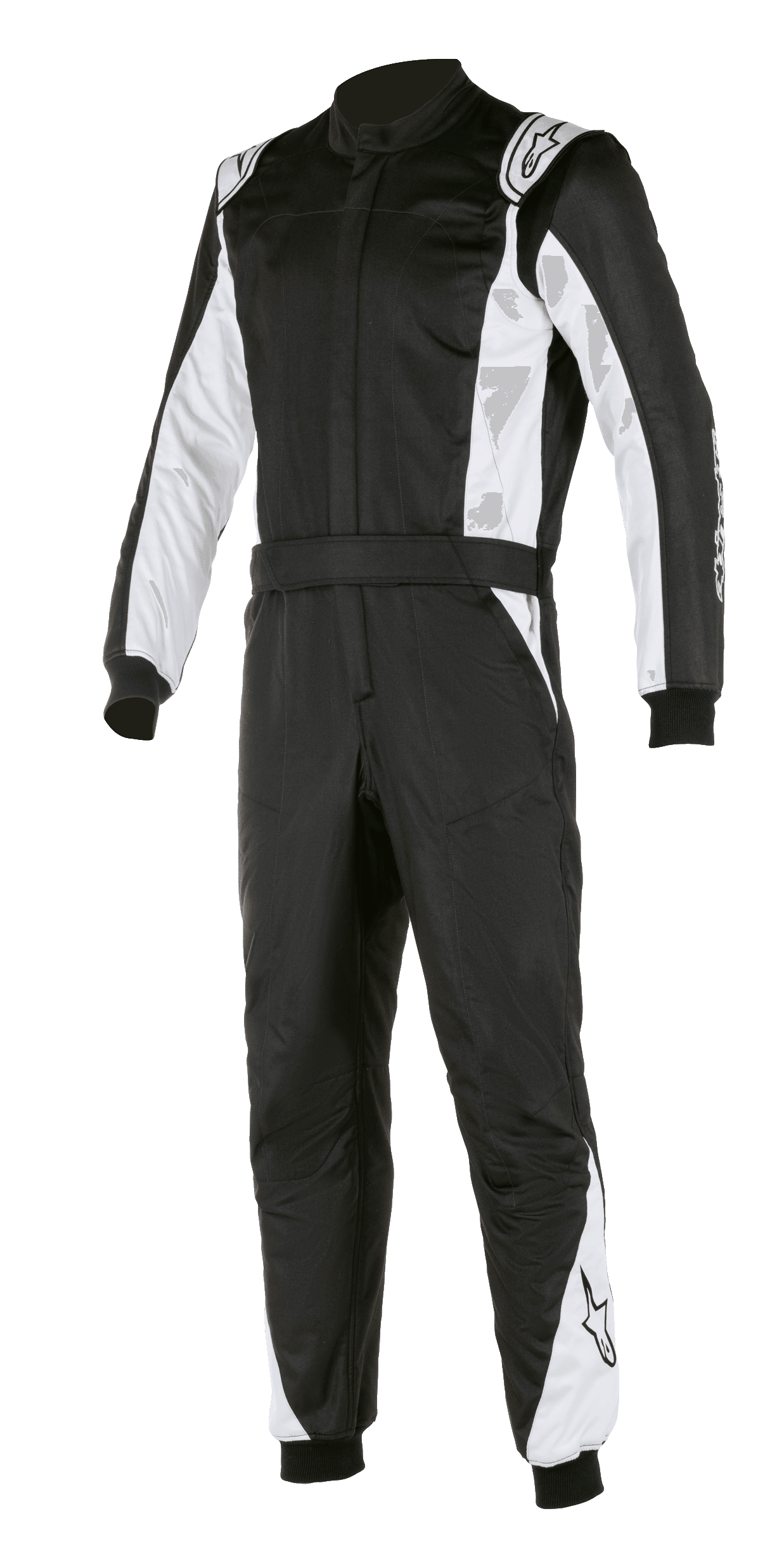Traje Alpinestars Atom FIA, mono de carreras para automovilismo, negro y plateado, con paneles blancos en las mangas y piernas, hombreras, cinturón y puños acanalados, diseño profesional con certificación FIA