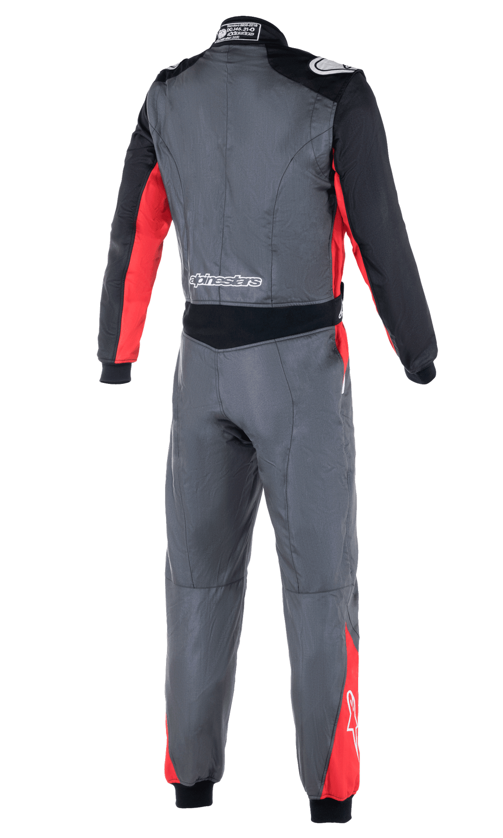 Traje Alpinestars Atom FIA, mono de automovilismo, color antracita, rojo y negro, vista trasera que muestra los paneles elásticos en la cintura, las hombreras y el logotipo de Alpinestars en la zona lumbar y los hombros.
