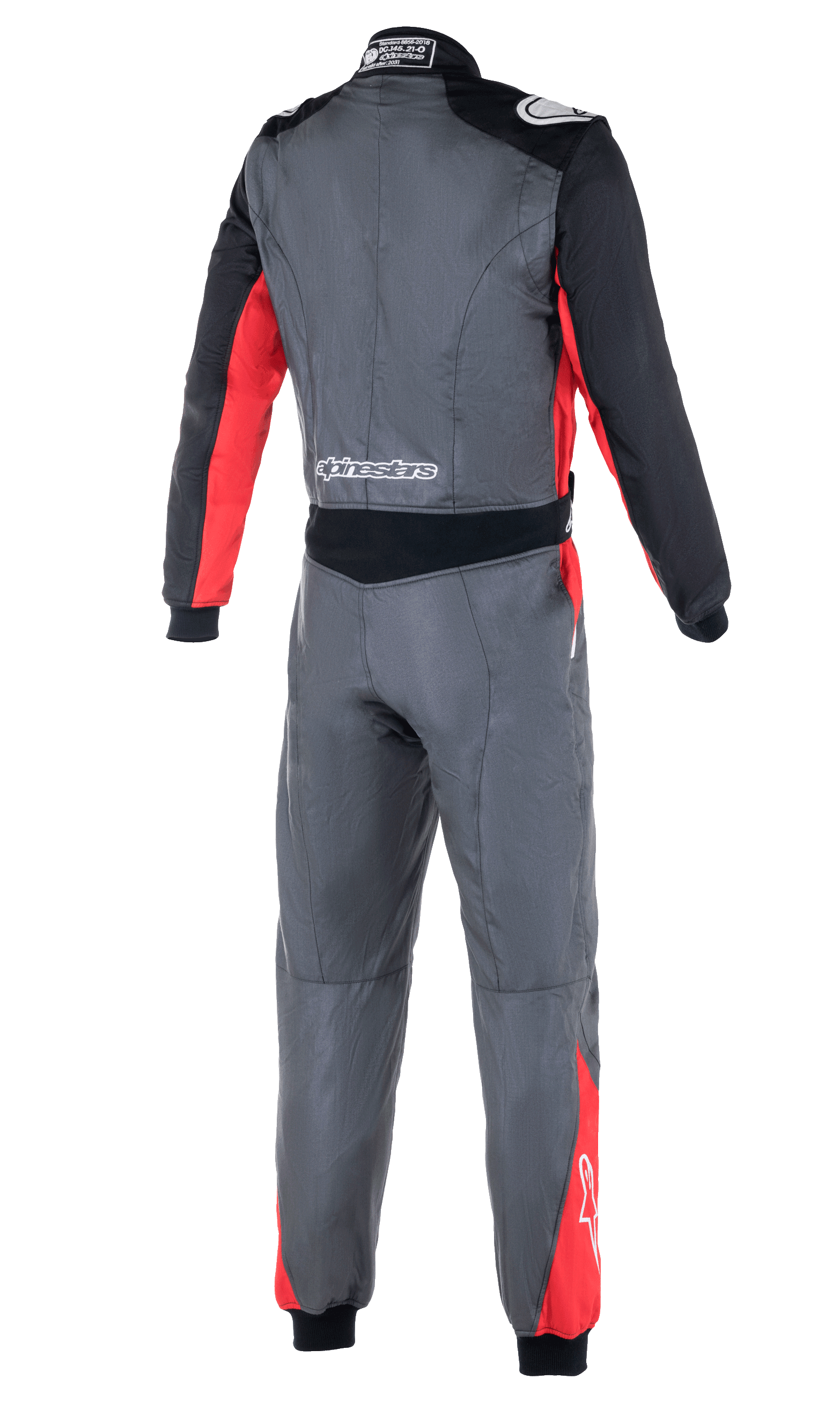 Traje Alpinestars Atom FIA, mono de automovilismo, color antracita, rojo y negro, vista trasera que muestra los paneles elásticos en la cintura, las hombreras y el logotipo de Alpinestars en la zona lumbar y los hombros.