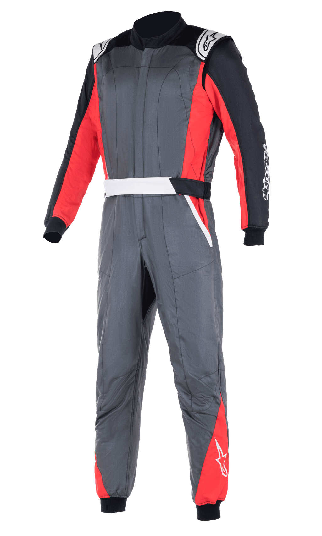Alpinestars Atom FIA Suit, mono de carreras profesional para automovilismo, gris antracita con paneles rojos y negros, con hombreras blancas y logotipos de la marca, construcción de dos capas para protección contra el calor y las llamas