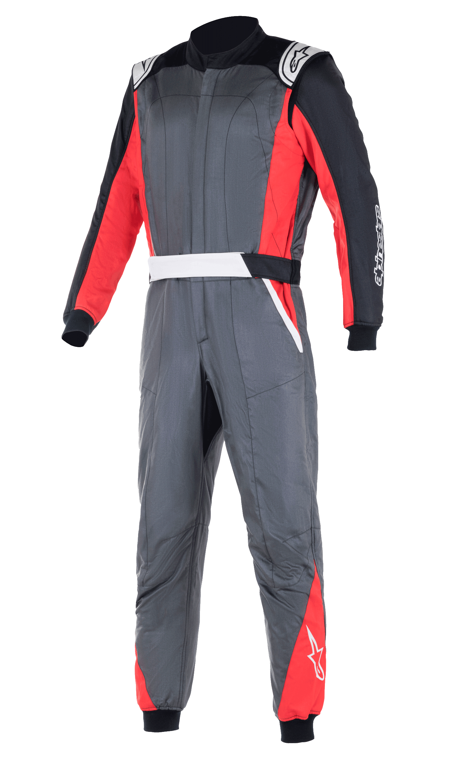 Alpinestars Atom FIA Suit, mono de carreras profesional para automovilismo, gris antracita con paneles rojos y negros, con hombreras blancas y logotipos de la marca, construcción de dos capas para protección contra el calor y las llamas