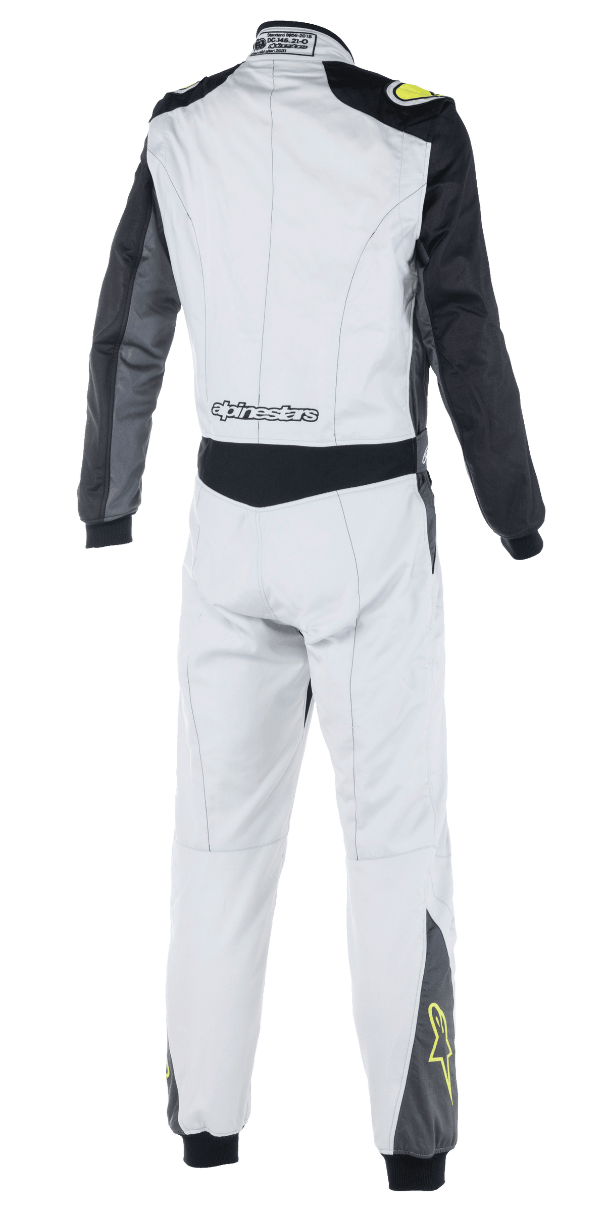 Traje Alpinestars Atom FIA, mono de automovilismo, plata, antracita y amarillo flúor, vista posterior que muestra mangas negras y panel en la cintura, logotipo de Alpinestars en la parte baja de la espalda, estrellas amarillas en la parte inferior de las piernas, ropa de automovilismo con certificación FIA