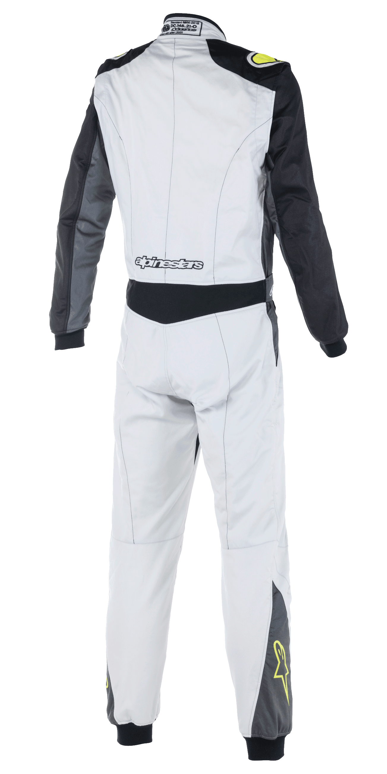 Traje Alpinestars Atom FIA, mono de automovilismo, plata, antracita y amarillo flúor, vista posterior que muestra mangas negras y panel en la cintura, logotipo de Alpinestars en la parte baja de la espalda, estrellas amarillas en la parte inferior de las piernas, ropa de automovilismo con certificación FIA