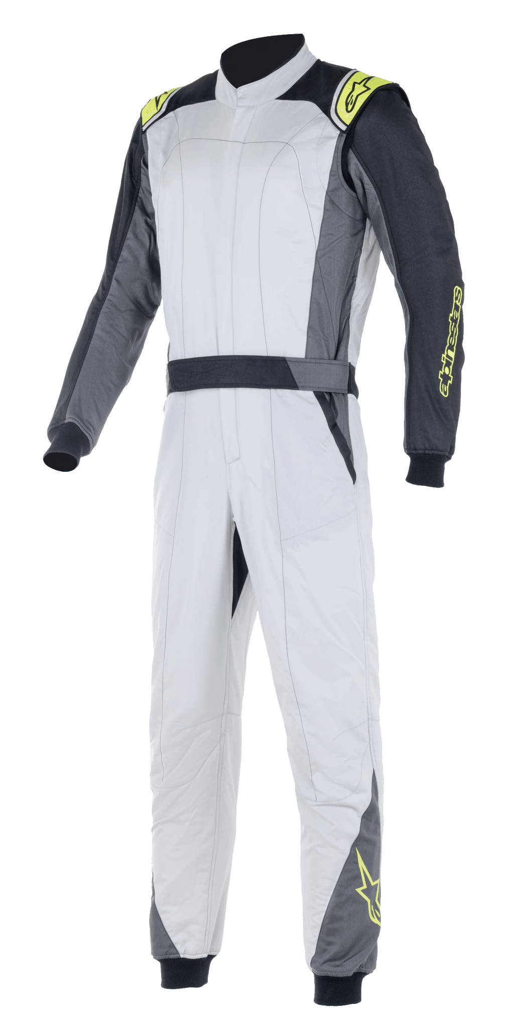 Alpinestars Atom FIA Suit, traje de carreras automovilísticas, plateado y antracita con detalles en amarillo flúor, diseño de una sola pieza con cuello alto y puños elásticos, indumentaria de protección profesional para carreras automovilísticas