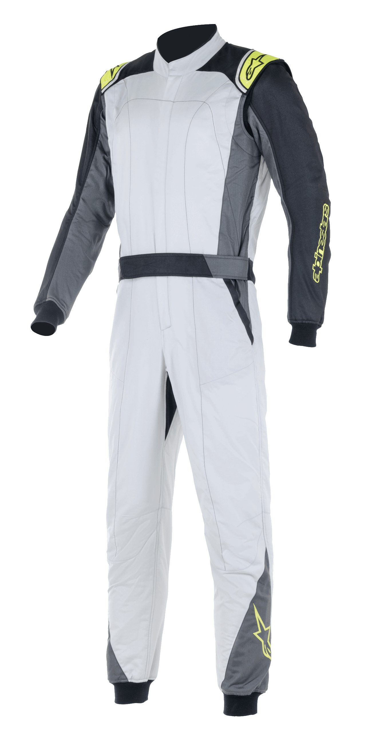 Alpinestars Atom FIA Suit, traje de carreras automovilísticas, plateado y antracita con detalles en amarillo flúor, diseño de una sola pieza con cuello alto y puños elásticos, indumentaria de protección profesional para carreras automovilísticas