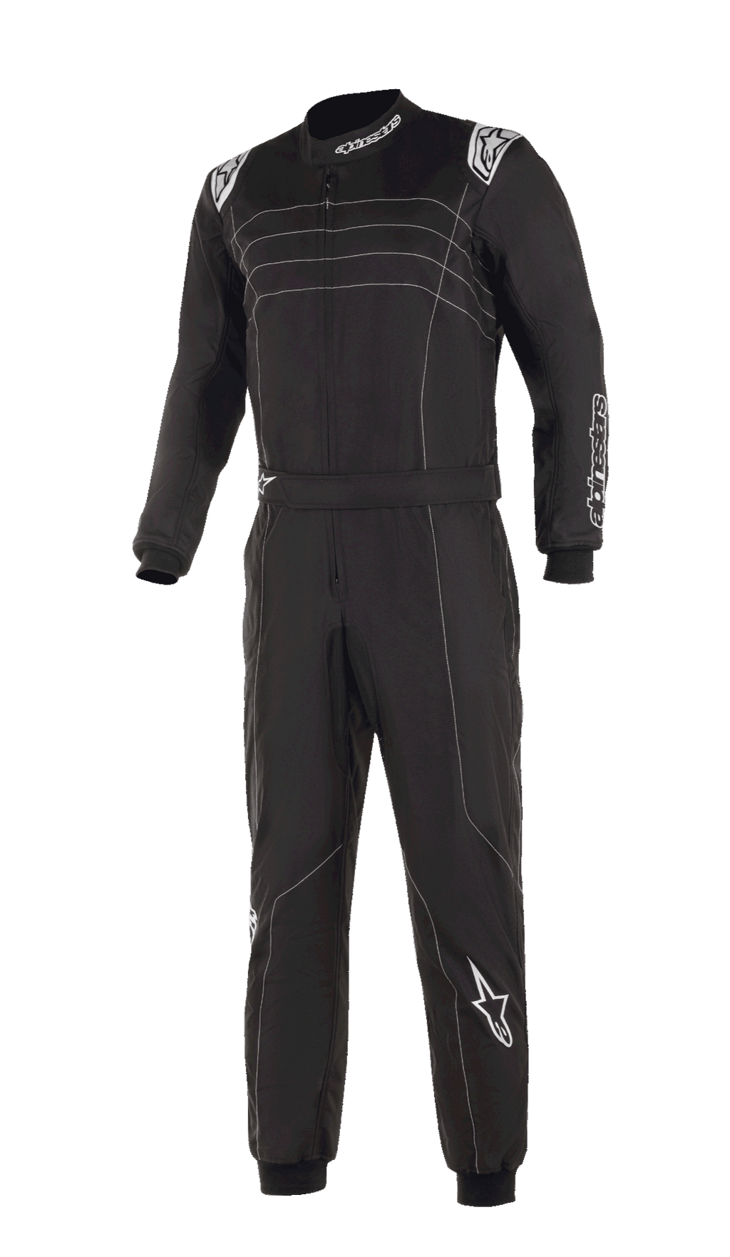 Mono Alpinestars KMX-9 V3, traje de karting negro y blanco con costuras blancas en contraste y logotipos, construcción de una sola pieza con cinturón ajustable, puños de punto, apariencia profesional para automovilismo