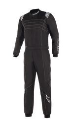 Mono Alpinestars KMX-9 V3, traje de karting negro y blanco con costuras blancas en contraste y logotipos, construcción de una sola pieza con cinturón ajustable, puños de punto, apariencia profesional para automovilismo