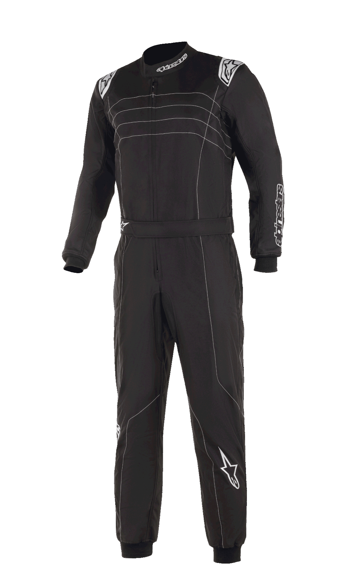 Mono Alpinestars KMX-9 V3, traje de karting negro y blanco con costuras blancas en contraste y logotipos, construcción de una sola pieza con cinturón ajustable, puños de punto, apariencia profesional para automovilismo